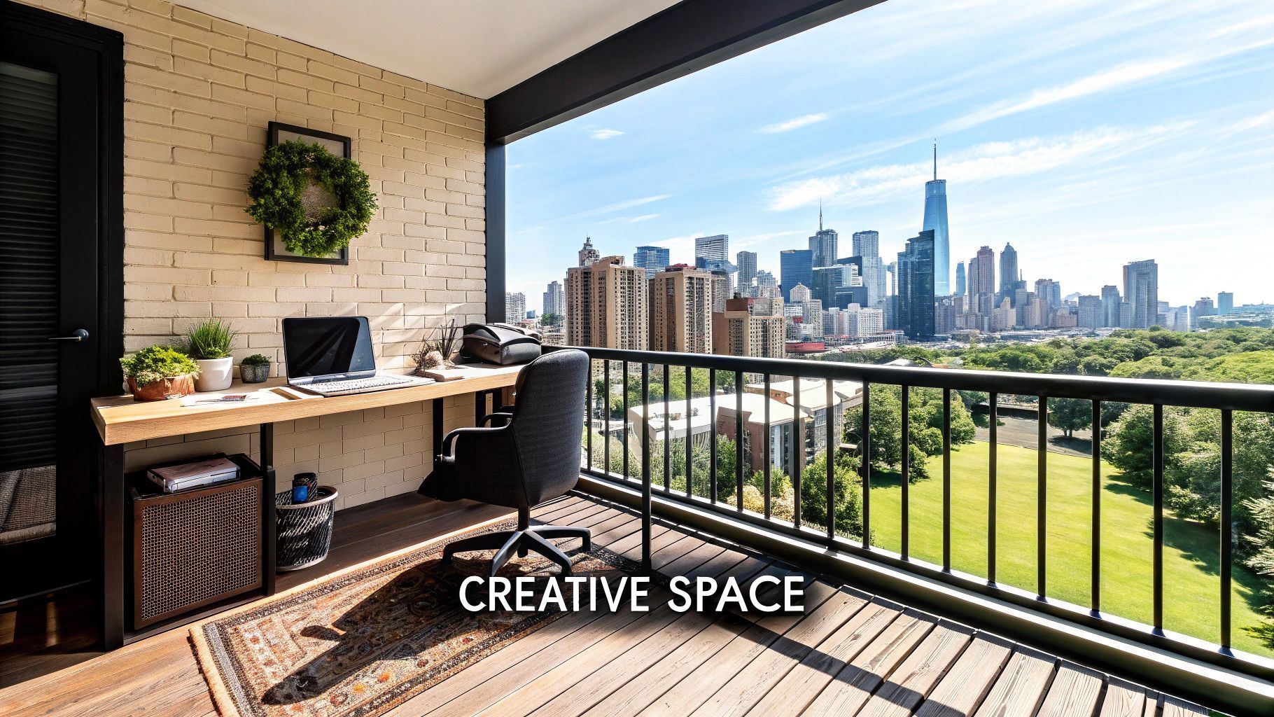 Balcony workspace with desk, laptop, and city skyline view.