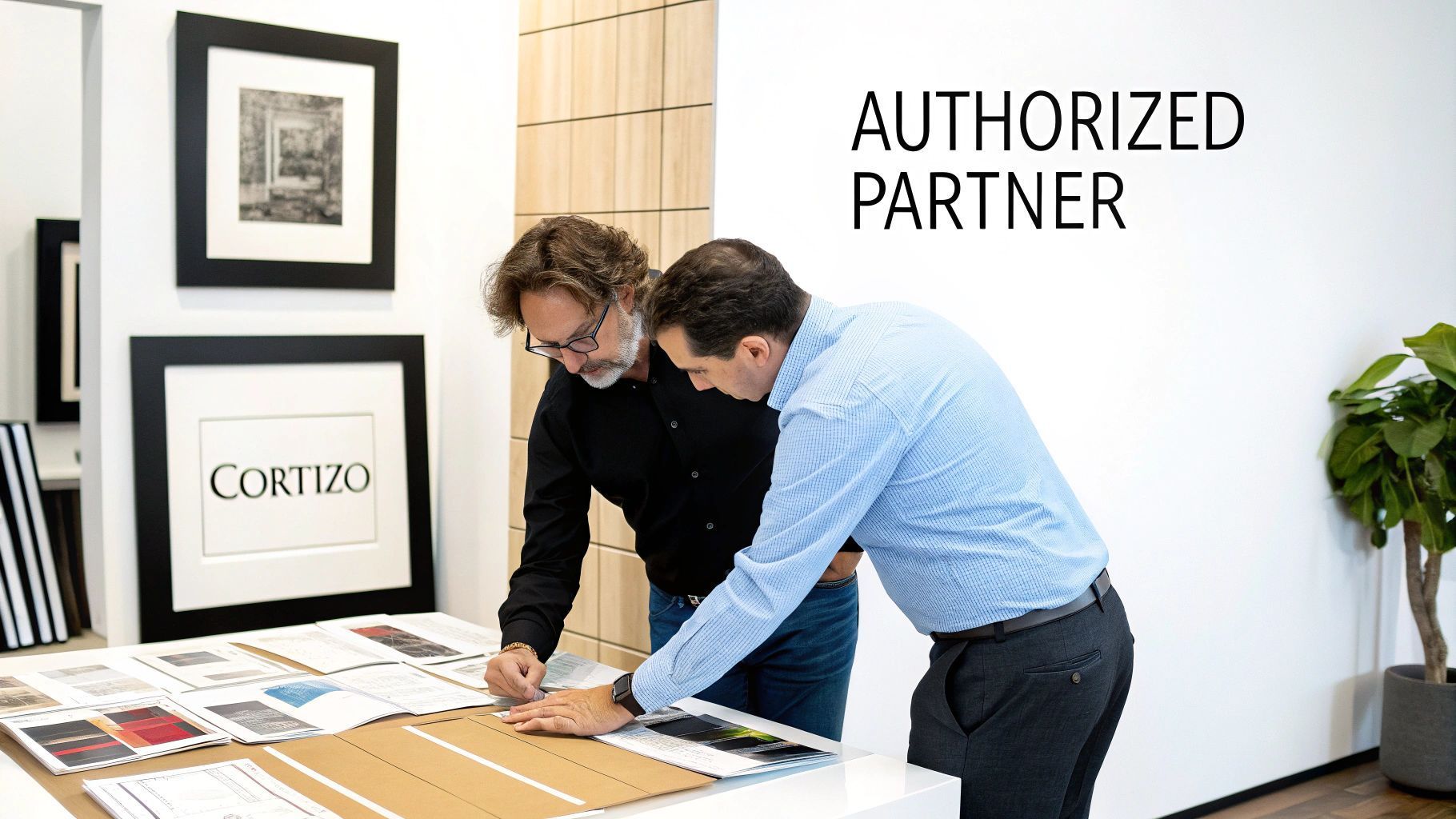 Two men review papers on a table, possibly design samples, in an office. 