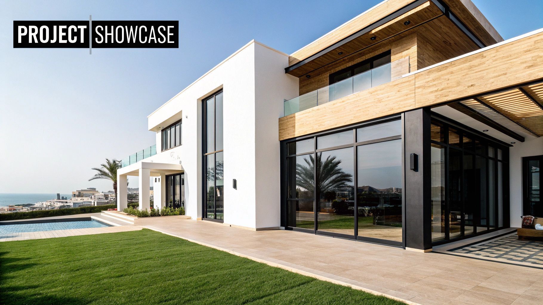 Modern white villa with large windows, pool, and green lawn under a sunny sky.