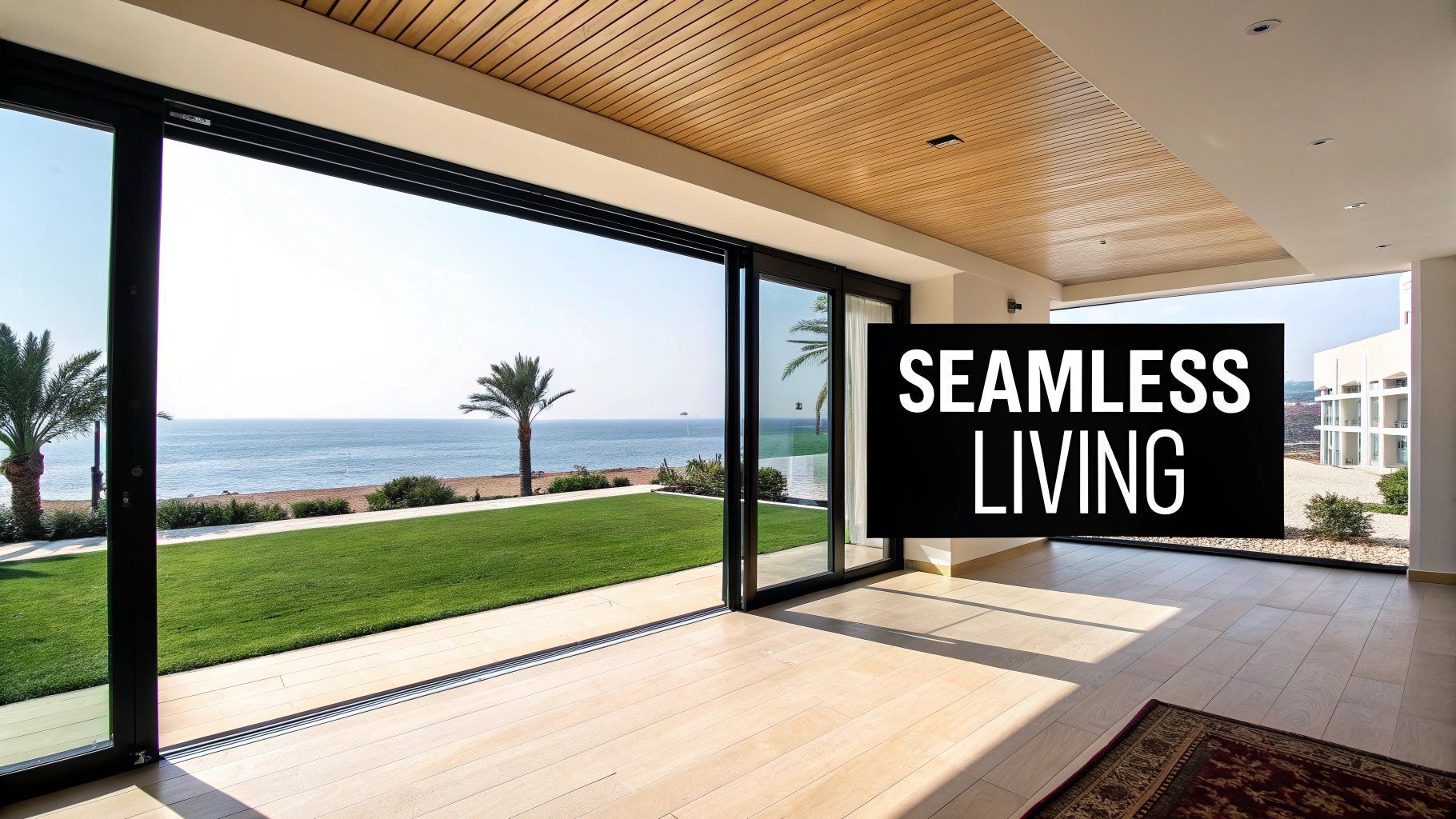 Bright living space with open sliding doors facing the ocean, 