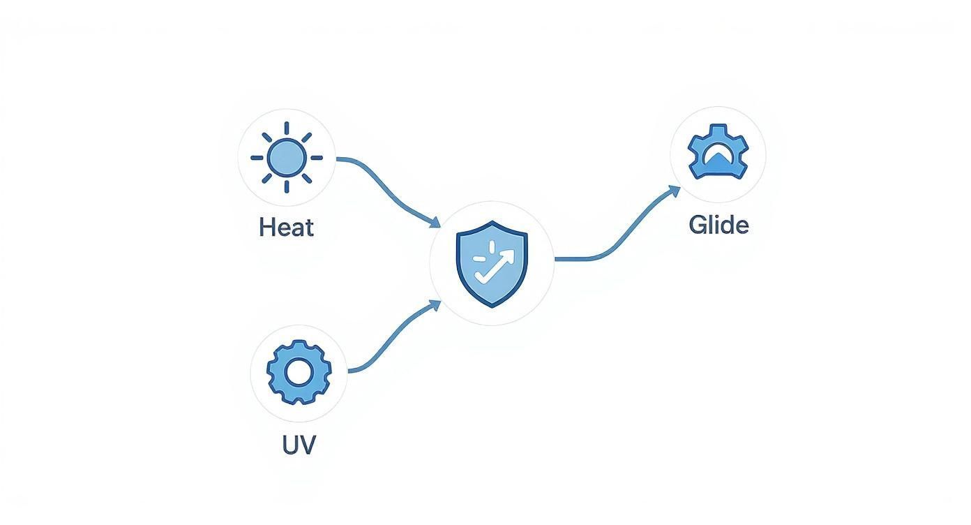 Diagram showing Heat and UV merging to protect a gear labeled Glide.
