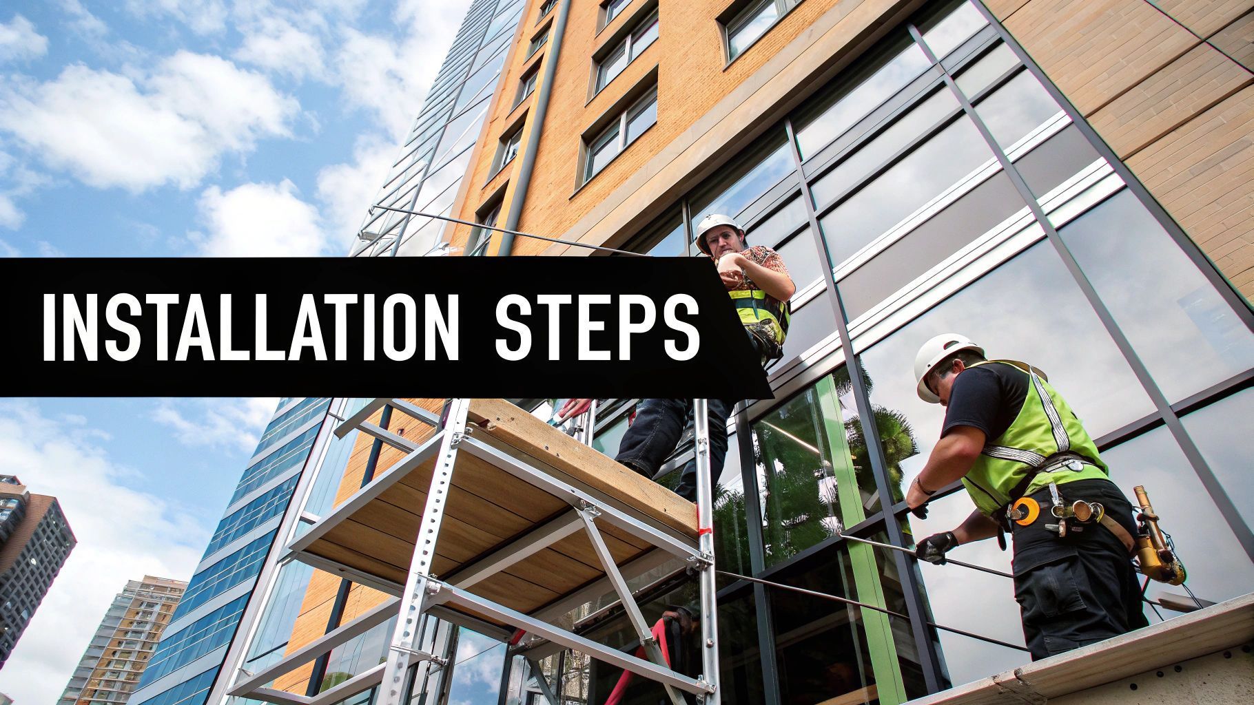 Construction workers installing a window on a skyscraper. They wear safety gear, use tools, and stand on scaffolding.
