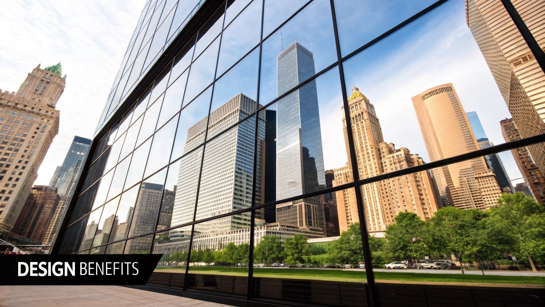 Skyscrapers reflected in a mirrored building's glass facade, sunny day in a city.