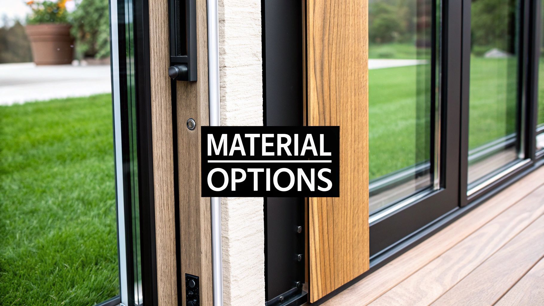 Close-up of a window showing material options with wood, black frame, and textured white wall.
