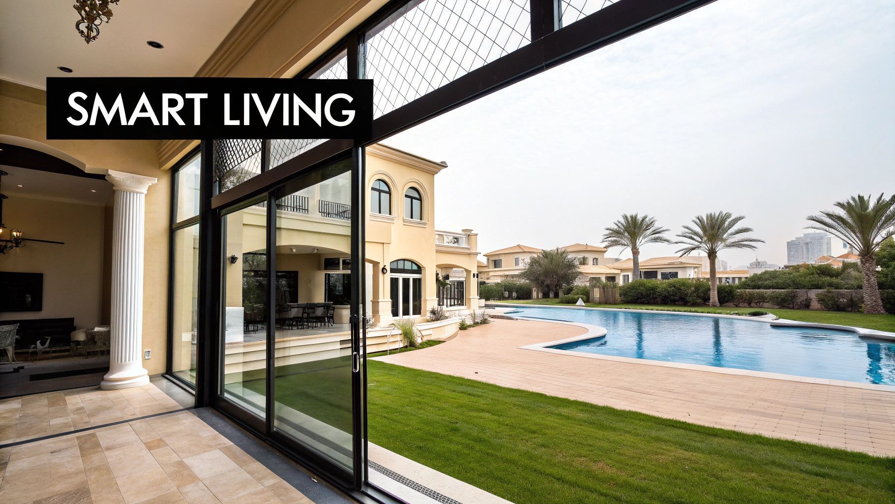 View of a luxurious villa with a pool, from inside through large sliding glass doors; green lawn.