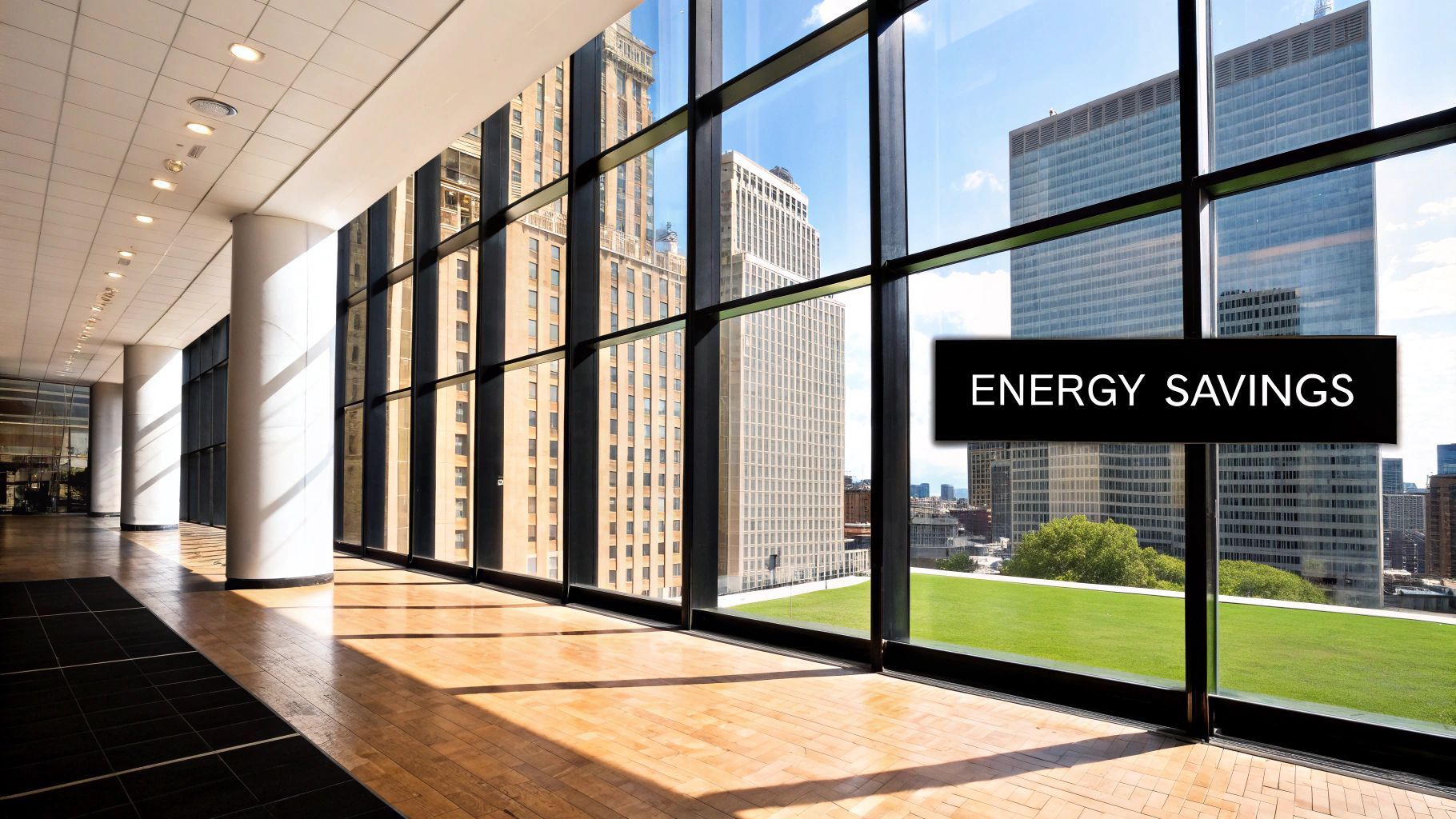Modern office interior with a city view, featuring