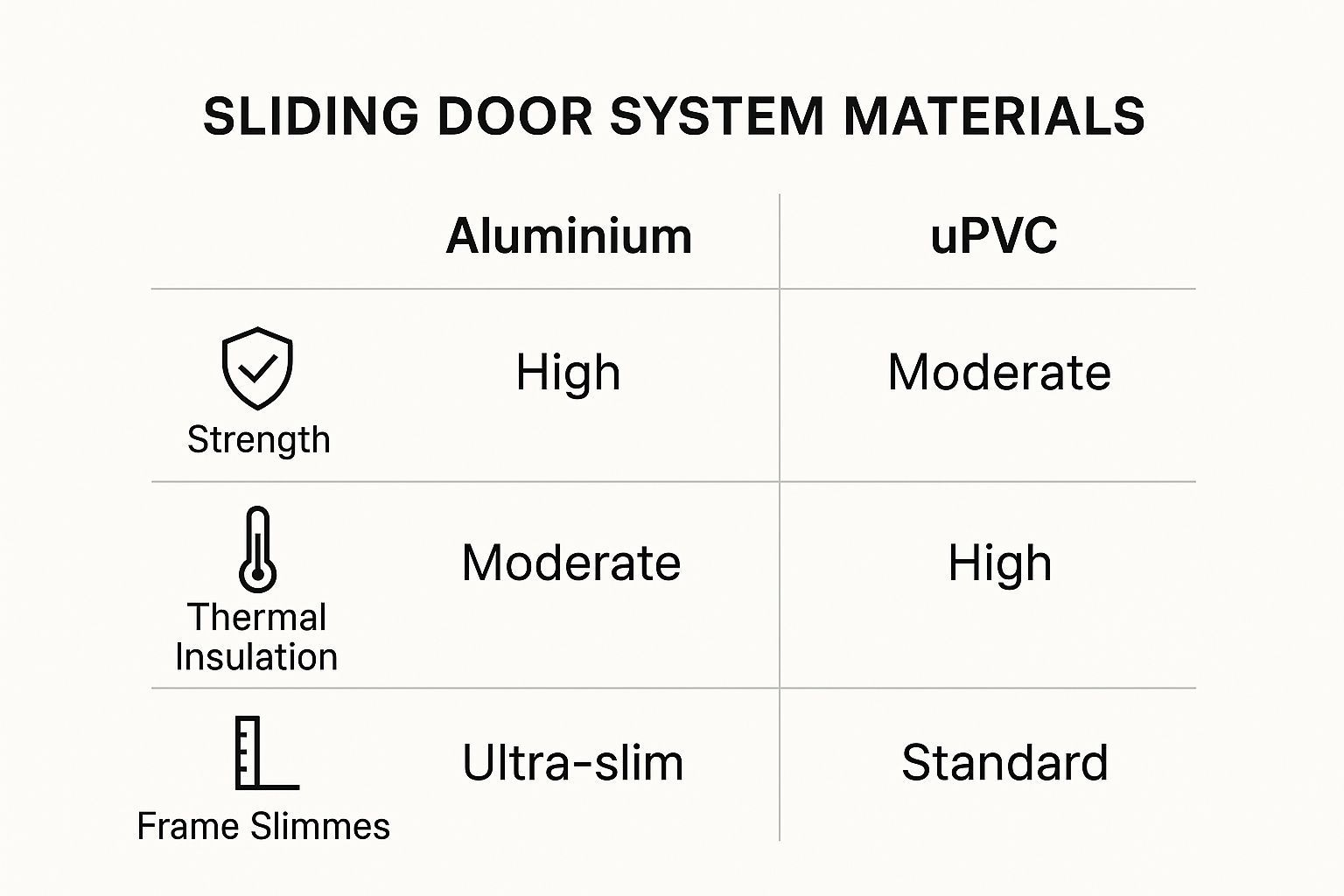 Comparison chart of sliding door system materials: Aluminum vs. uPVC. Attributes: strength, thermal insulation, frame slimness.