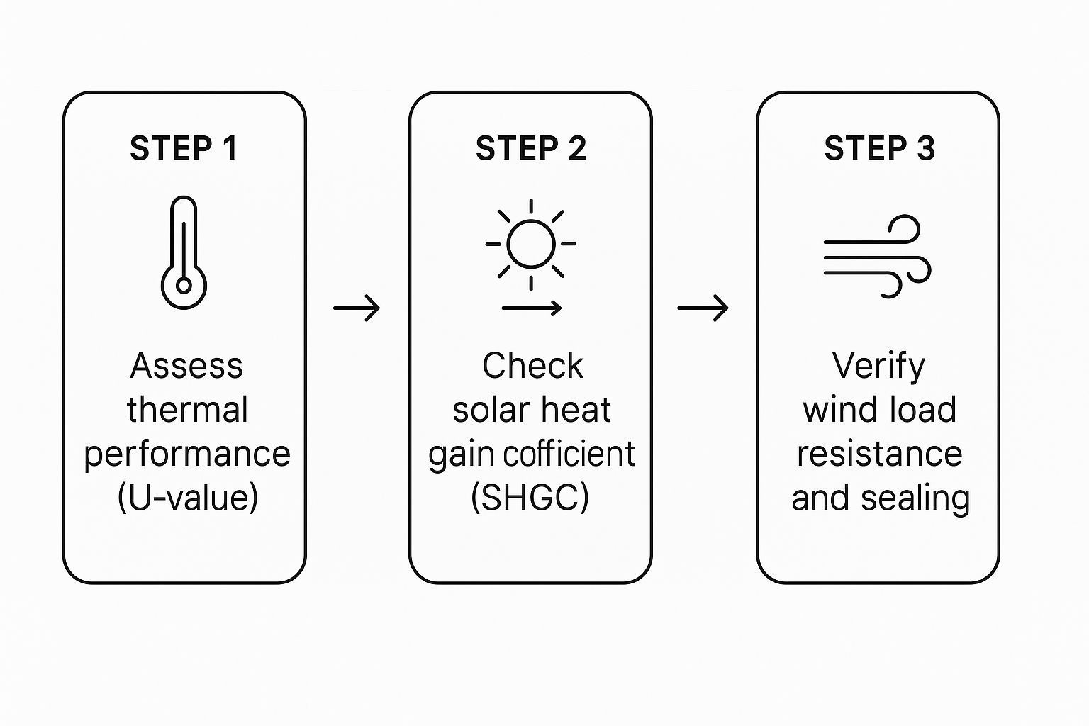 Diagram showing three steps: assessing thermal performance, checking solar heat gain, and verifying wind load resistance and sealing.