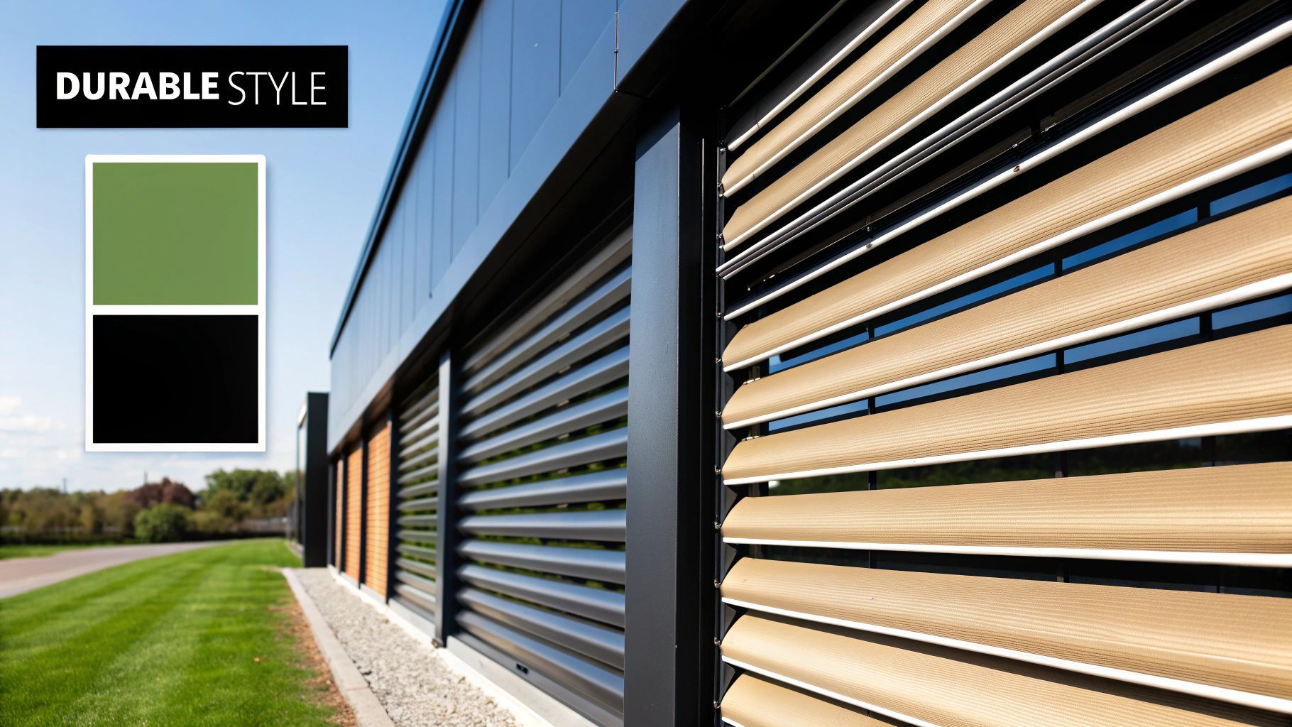 Exterior of a building with horizontal beige shutters; black frame, green and black color swatches.