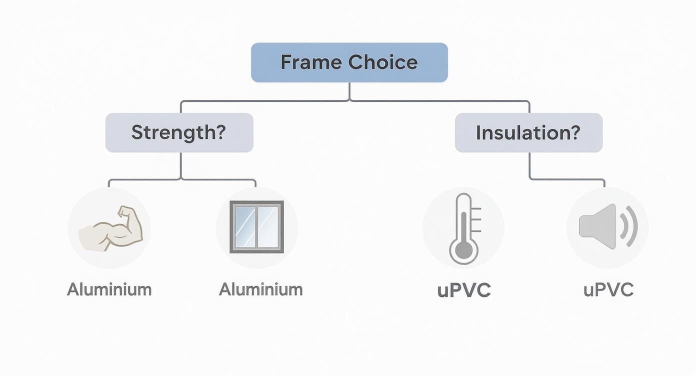 Decision tree: Frame choice. Options: Strength (aluminum), Insulation (uPVC).