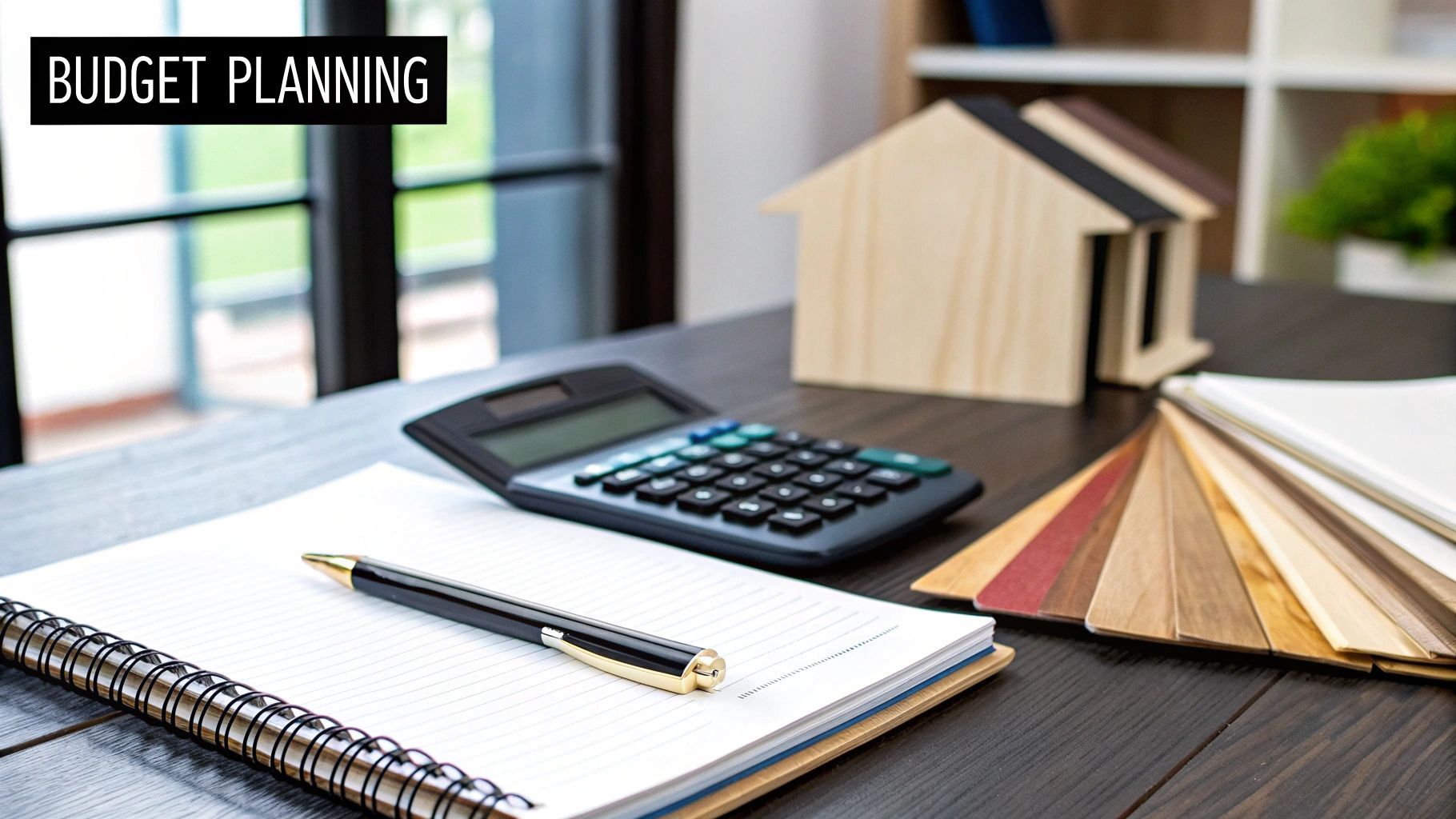 Budget planning setup: calculator, notepad with pen, wood samples, and house model on a table.