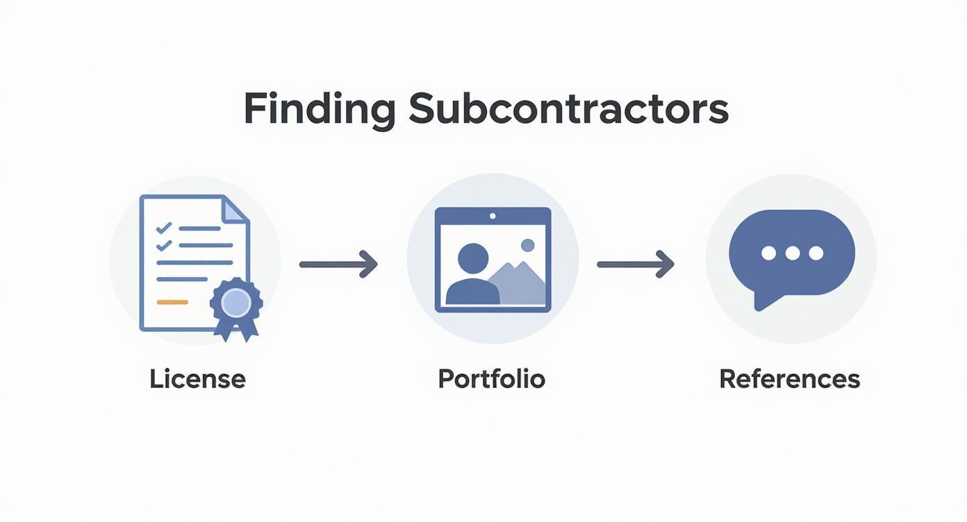 Process for finding subcontractors: License, portfolio, and references.