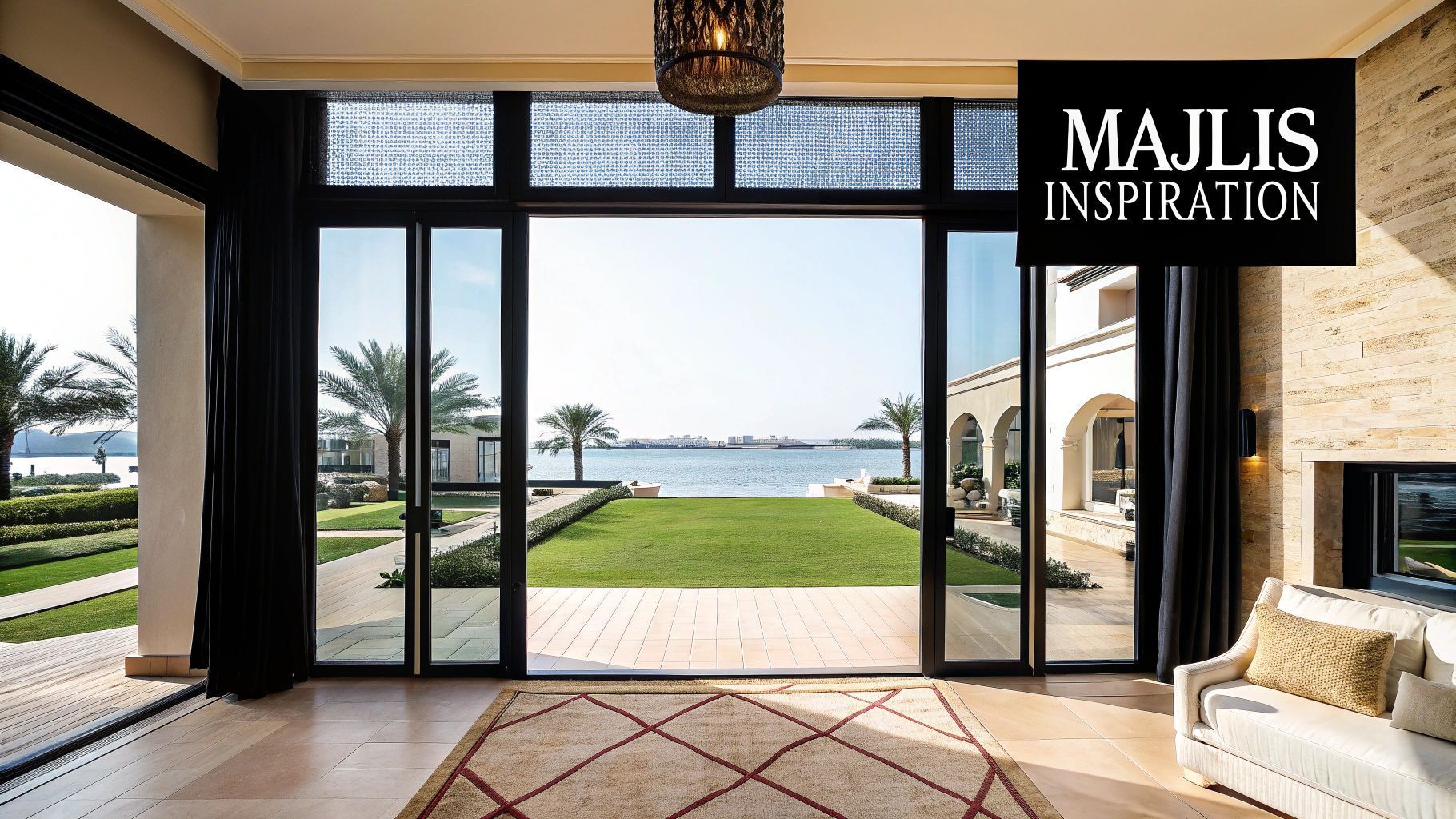 Luxurious room with large glass doors overlooking a waterfront lawn.