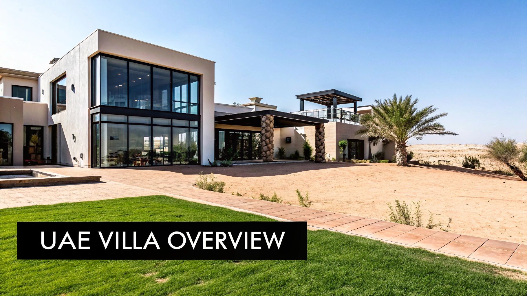 Modern villa in the UAE, with large windows, green lawn, and desert surroundings.