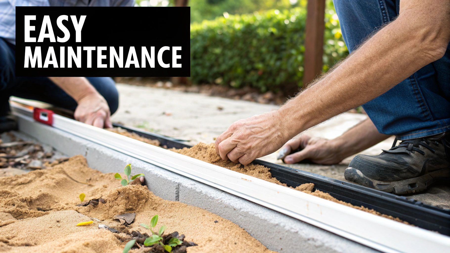 Two people installing a landscape border, one pouring sand while using a level outdoors. Text: EASY MAINTENANCE.