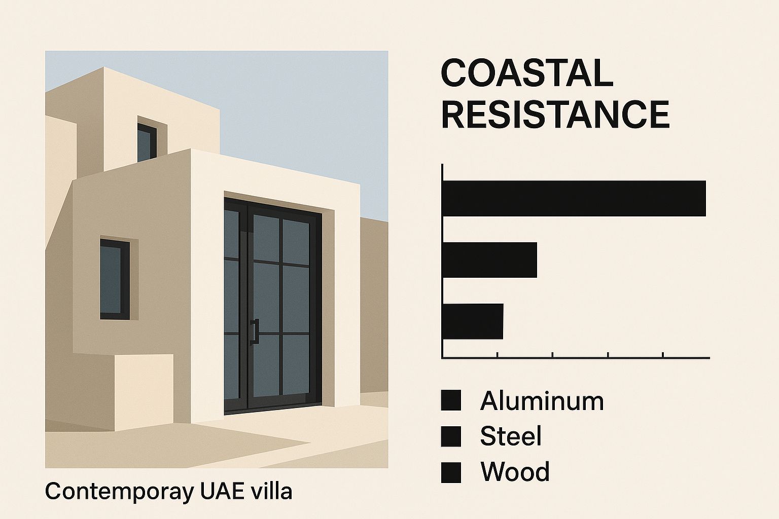A contemporary UAE villa with a coastal resistance graph comparing aluminum, steel, and wood.