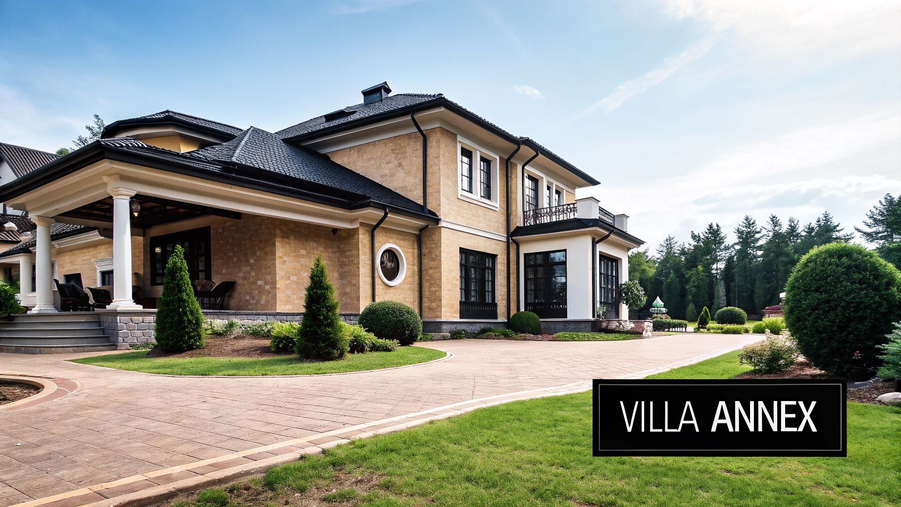 Exterior of a two-story beige villa with black roof, landscaped lawn, and a sign that reads