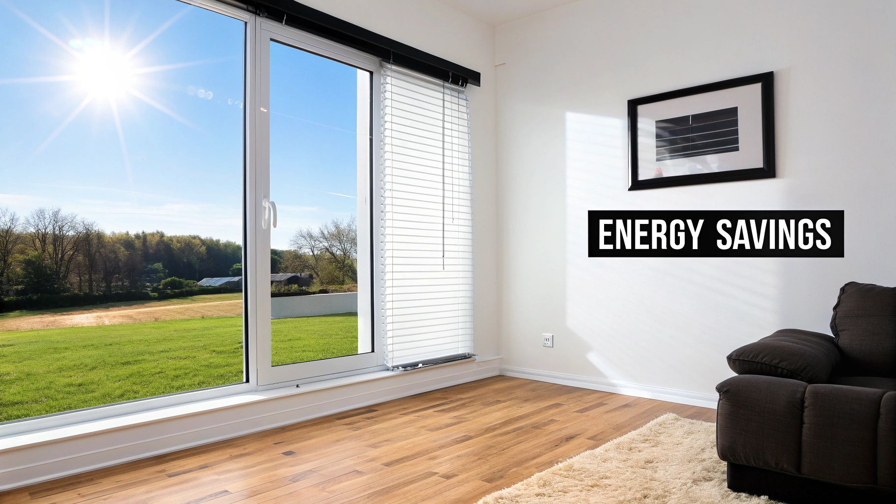 Bright sunlight streams through a large window, illuminating an interior room with wooden floors.