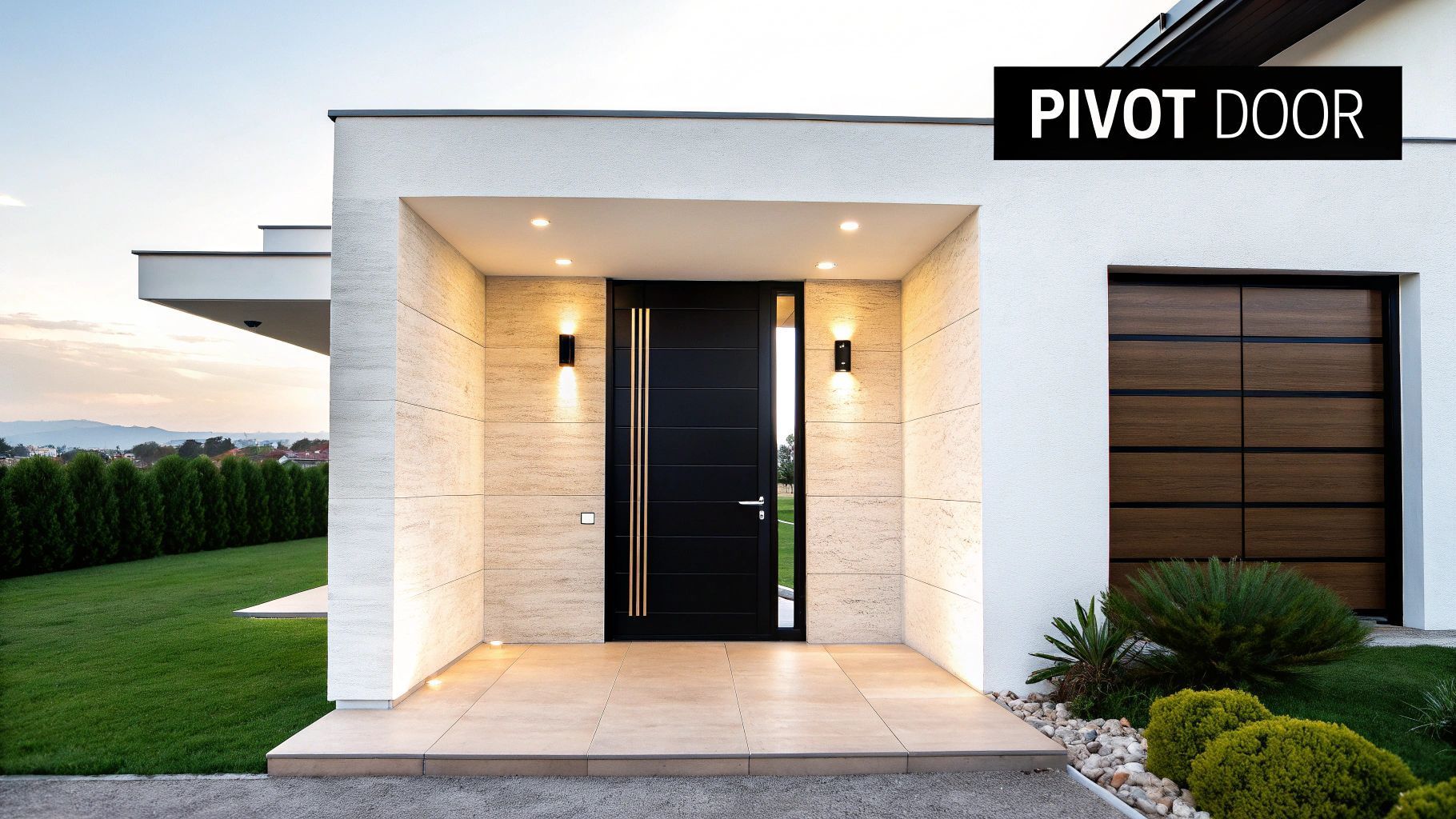 Modern white house entrance with black pivot door, side lights, and a brown garage door.