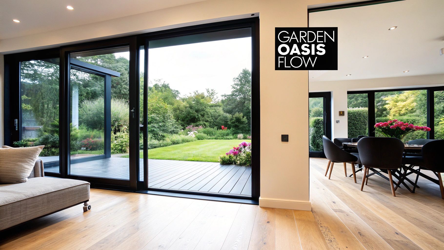 Modern living room with open sliding glass doors leading to a garden.