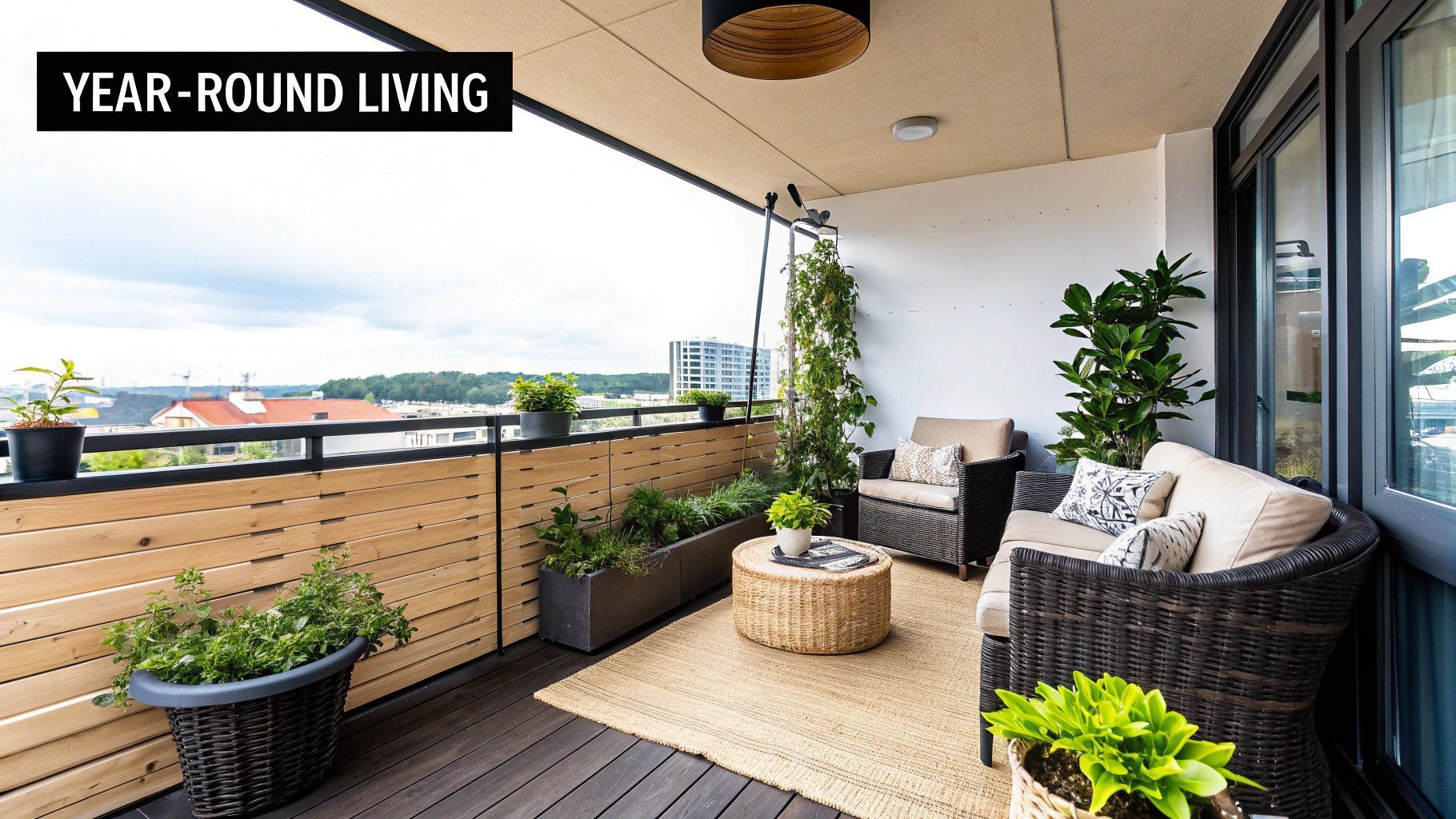 Balcony with seating area and plants, featuring wicker furniture, rug, and wooden accents.