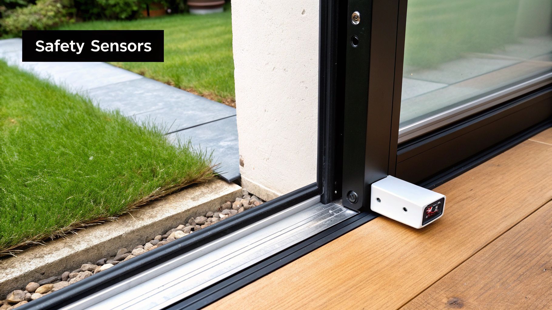 Safety sensor on sliding door frame, outdoors near a grassy lawn and wooden deck.