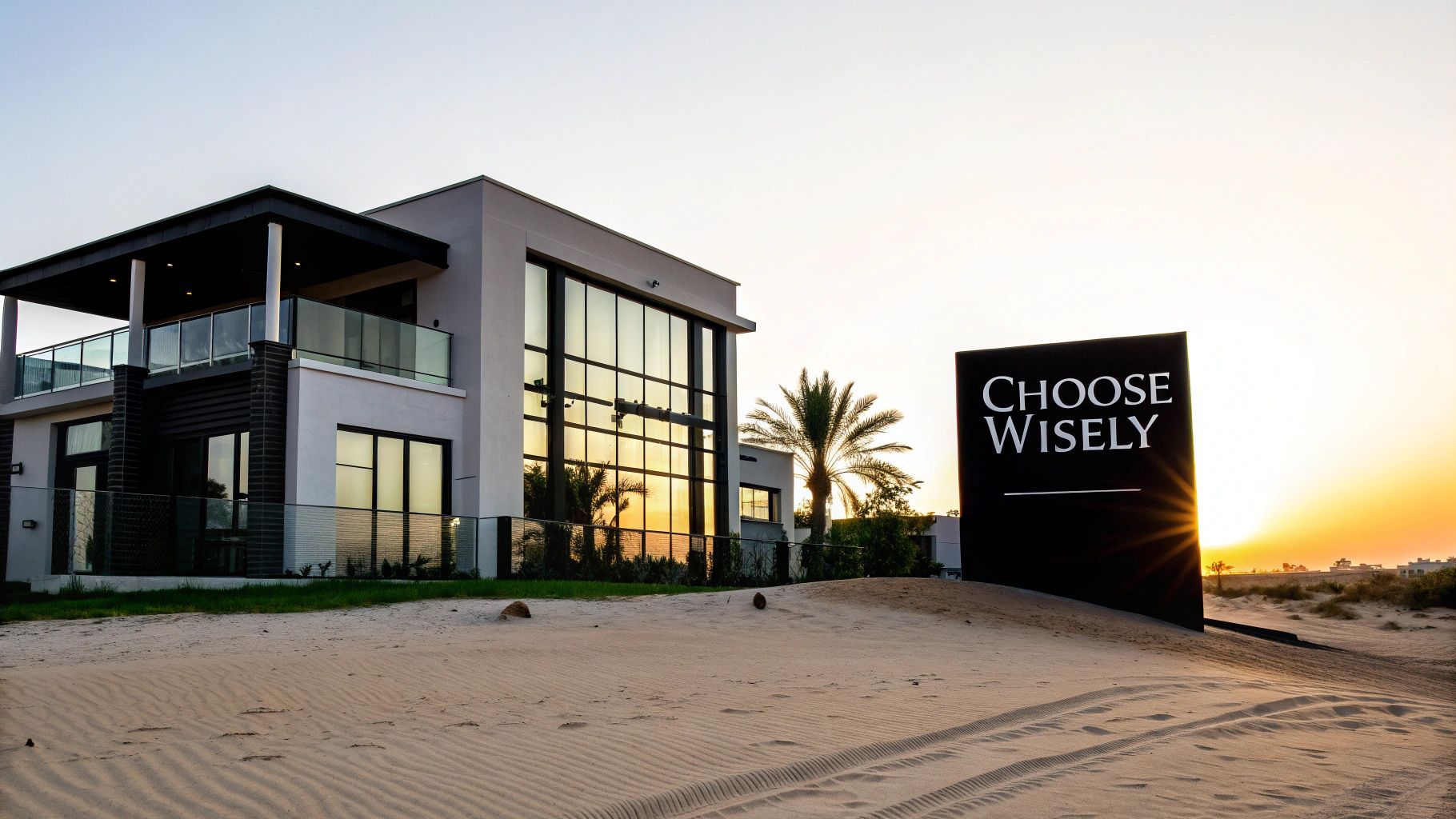 Modern two-story house with glass walls.