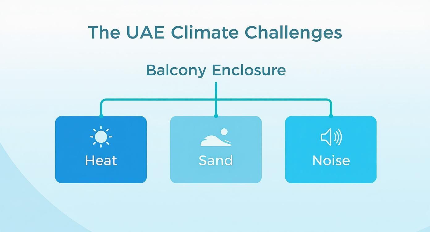 Infographic about UAE climate challenges; heat, sand, and noise, displayed with blue icons.