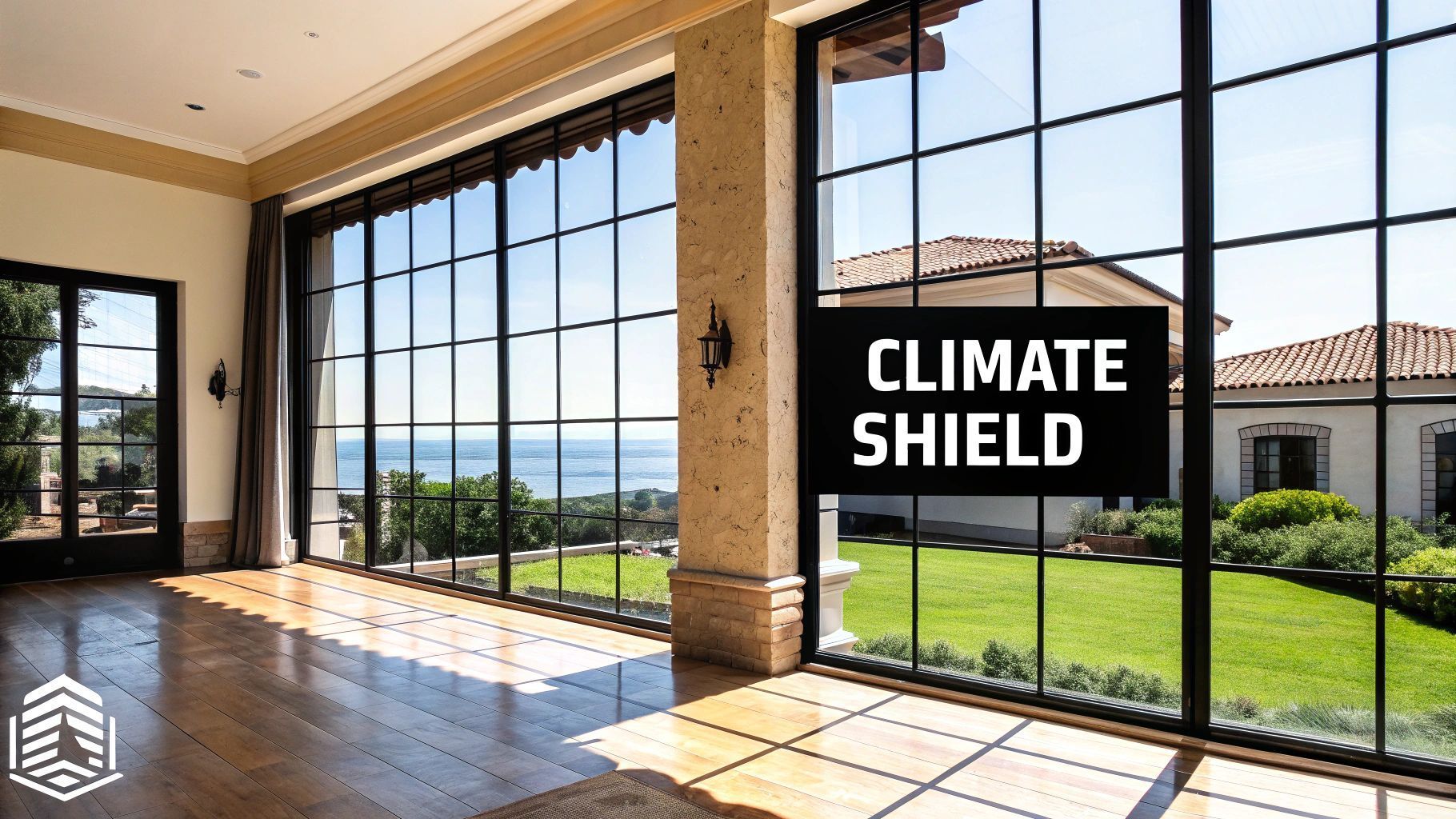 Interior view of a room with large black-framed windows overlooking a sunny lawn and the ocean; 