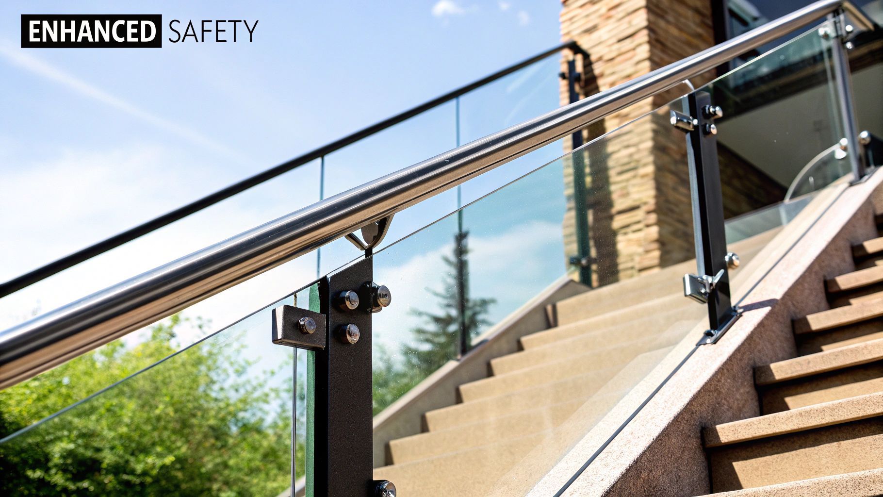 Staircase with glass and metal railing for enhanced safety.