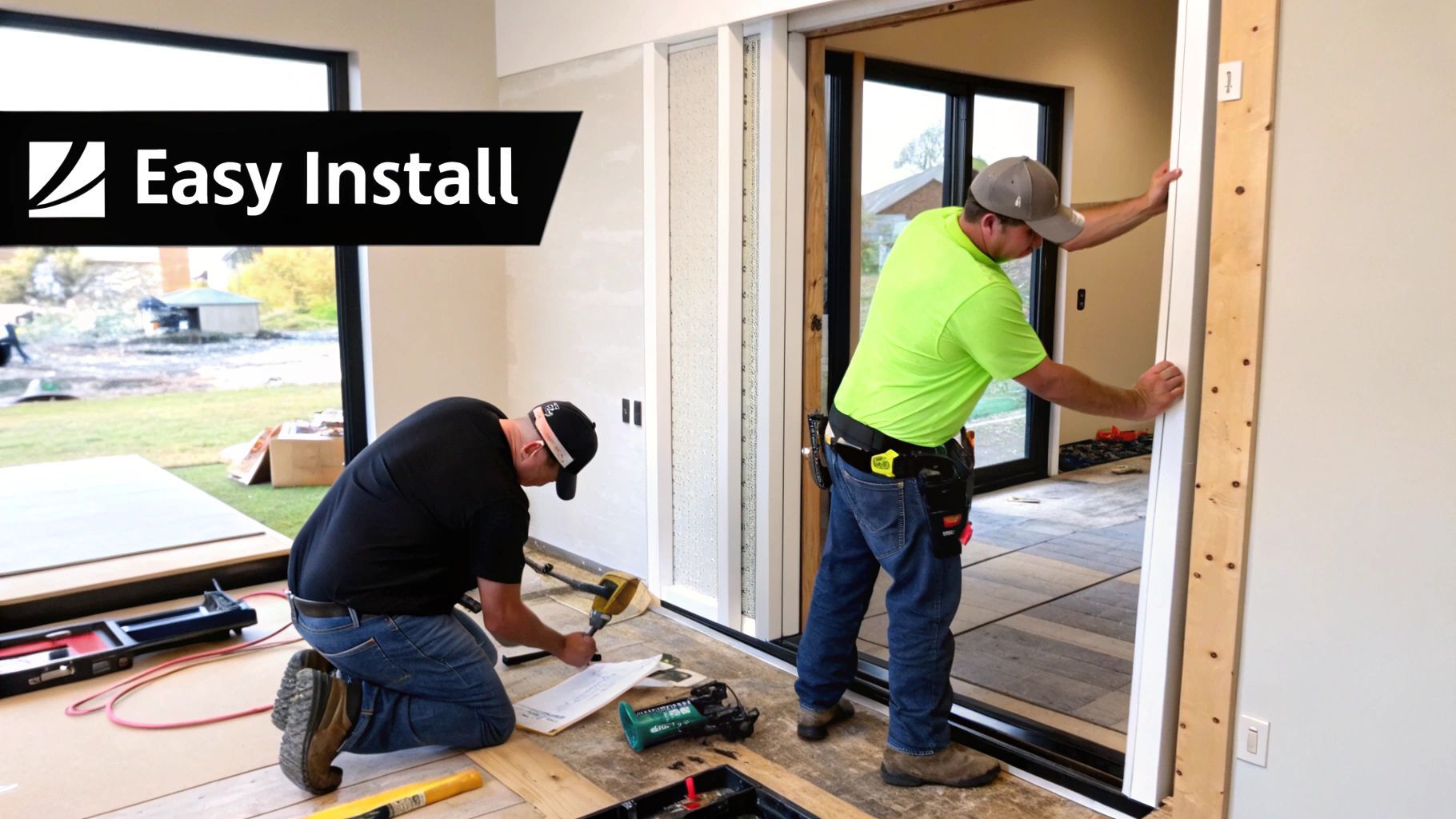 Two men installing a sliding glass door in a house under construction. One measures, the other aligns the frame.