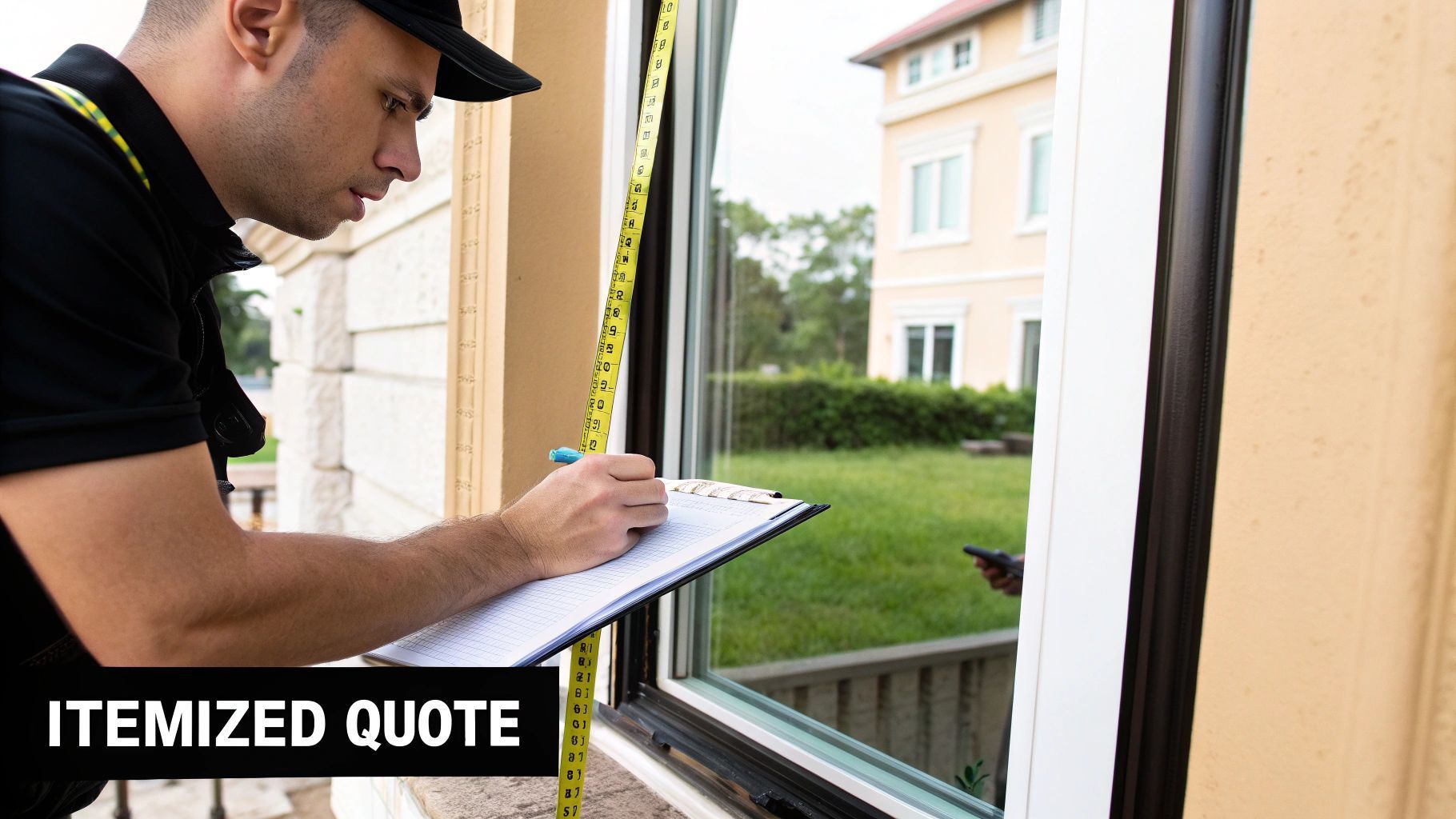 Person measures a window with a tape measure, writing on a clipboard; itemized quote text.