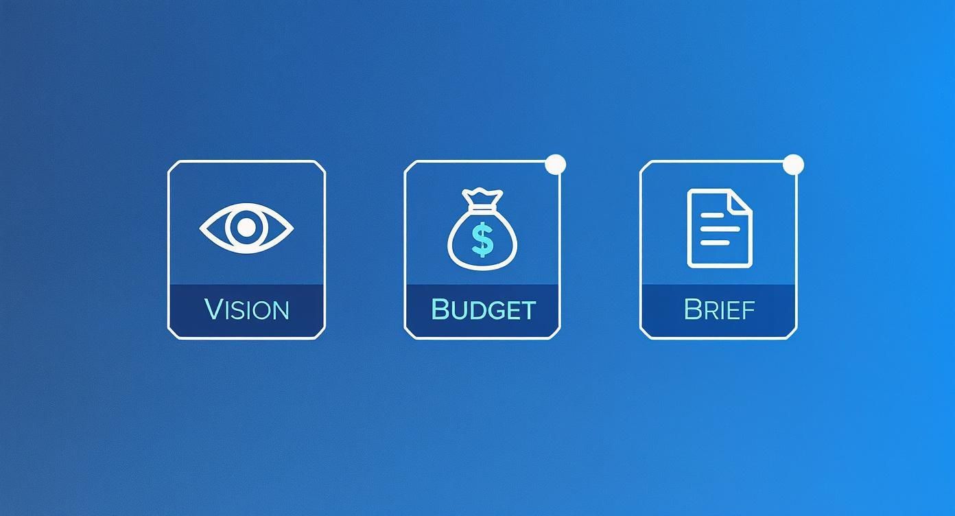 Three icons: Vision (eye), Budget (money bag), Brief (document), on a blue background.