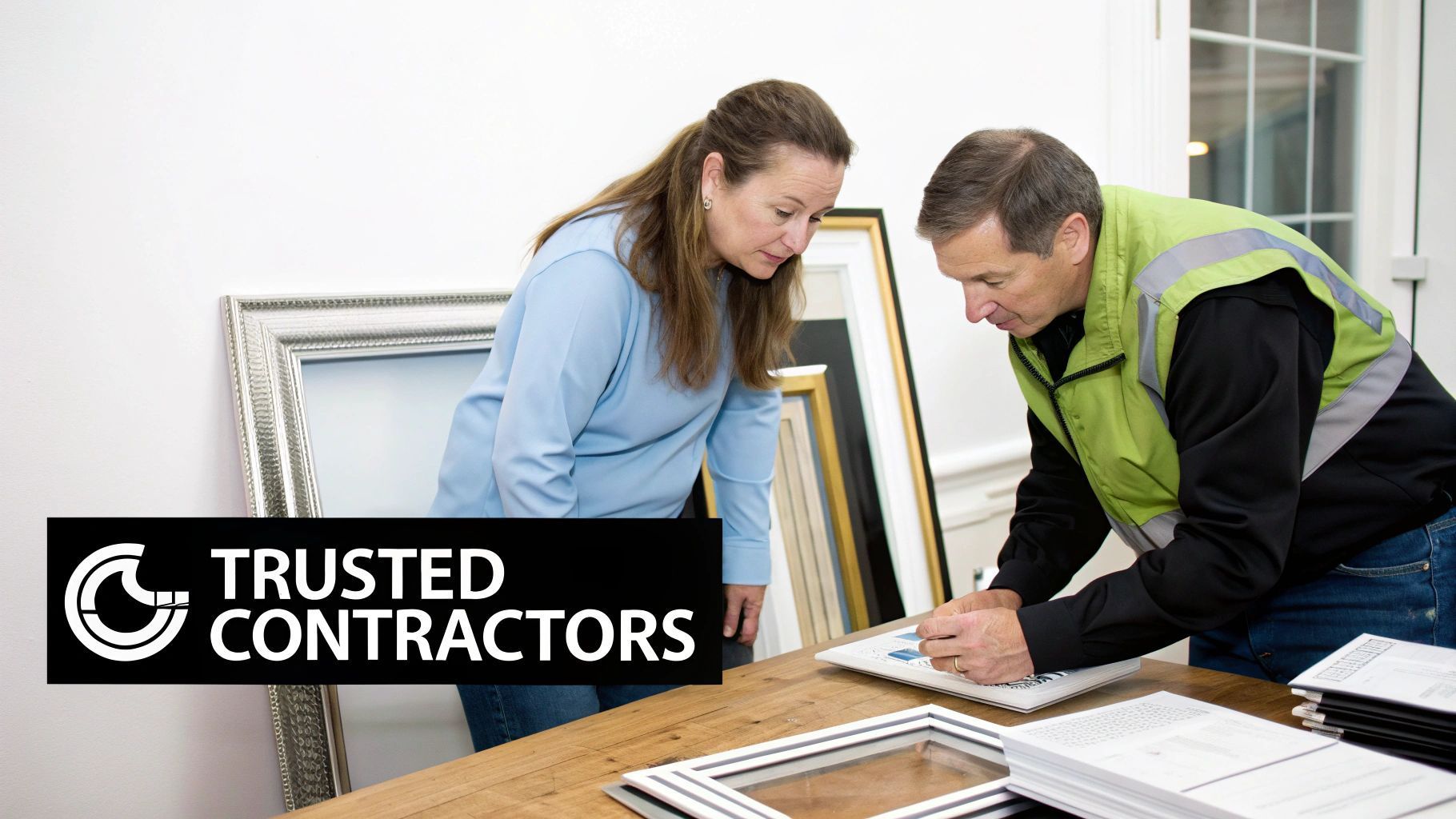 A woman and a contractor examining paperwork; frames on a table, Trusted Contractors logo.