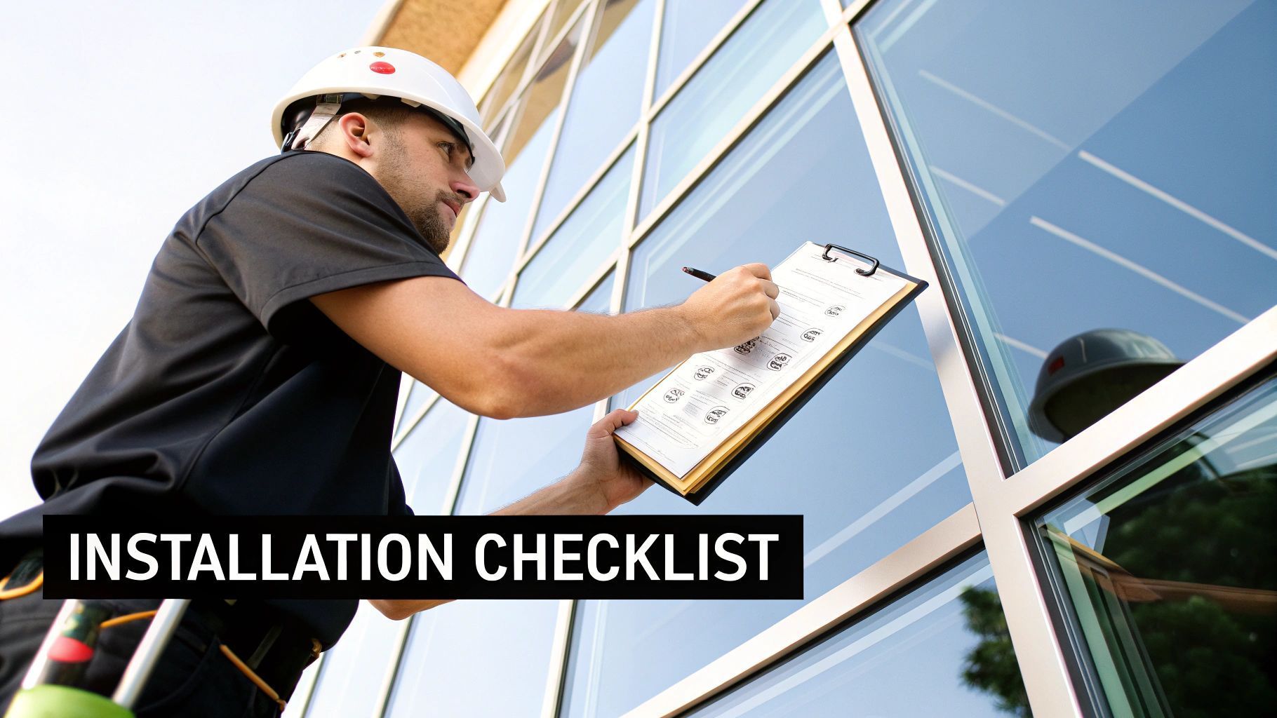 Construction worker in hard hat, checking an installation checklist on a clipboard next to a building's glass windows.