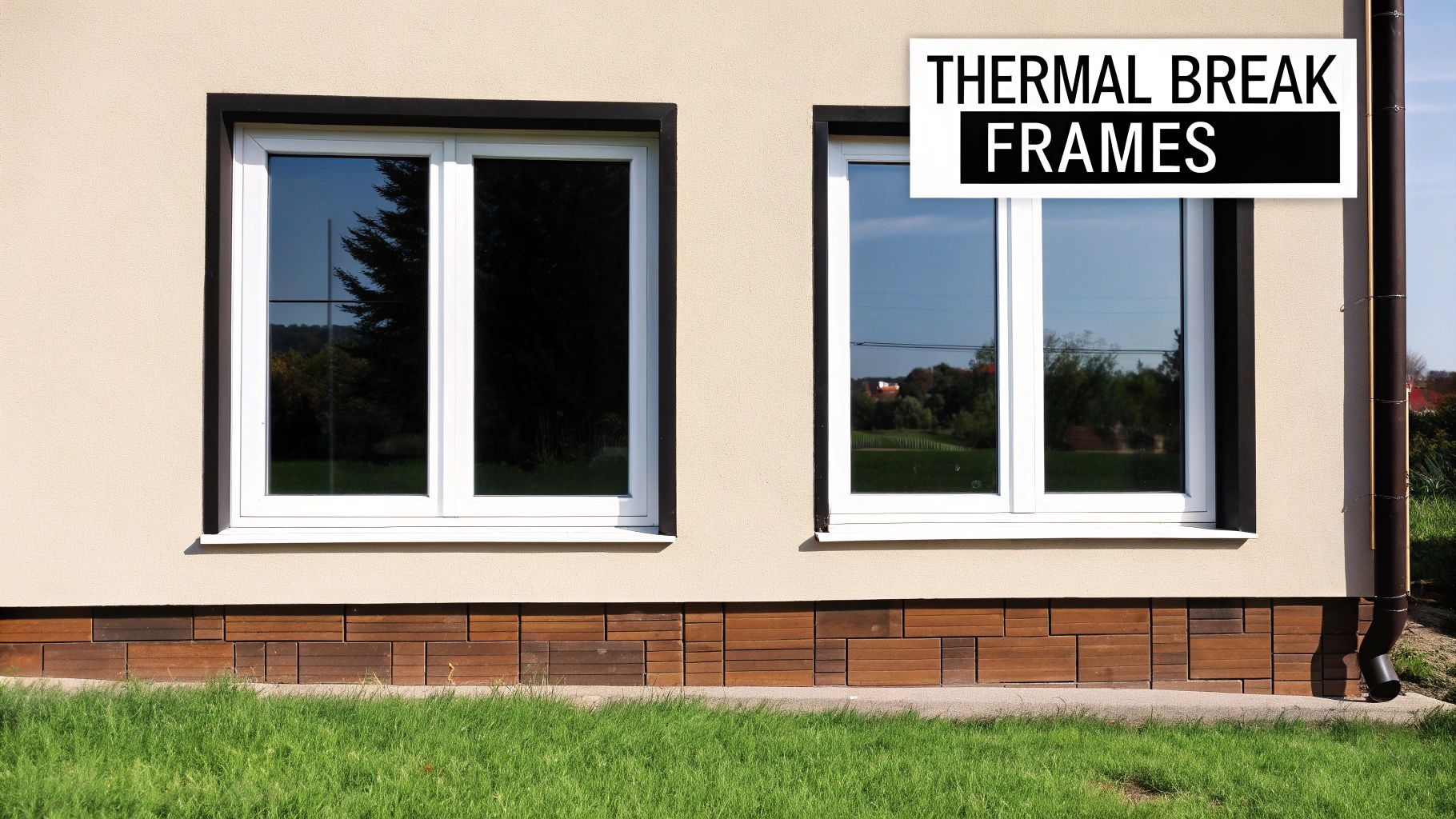 Two white-framed windows on a beige building with a brick facade; text says