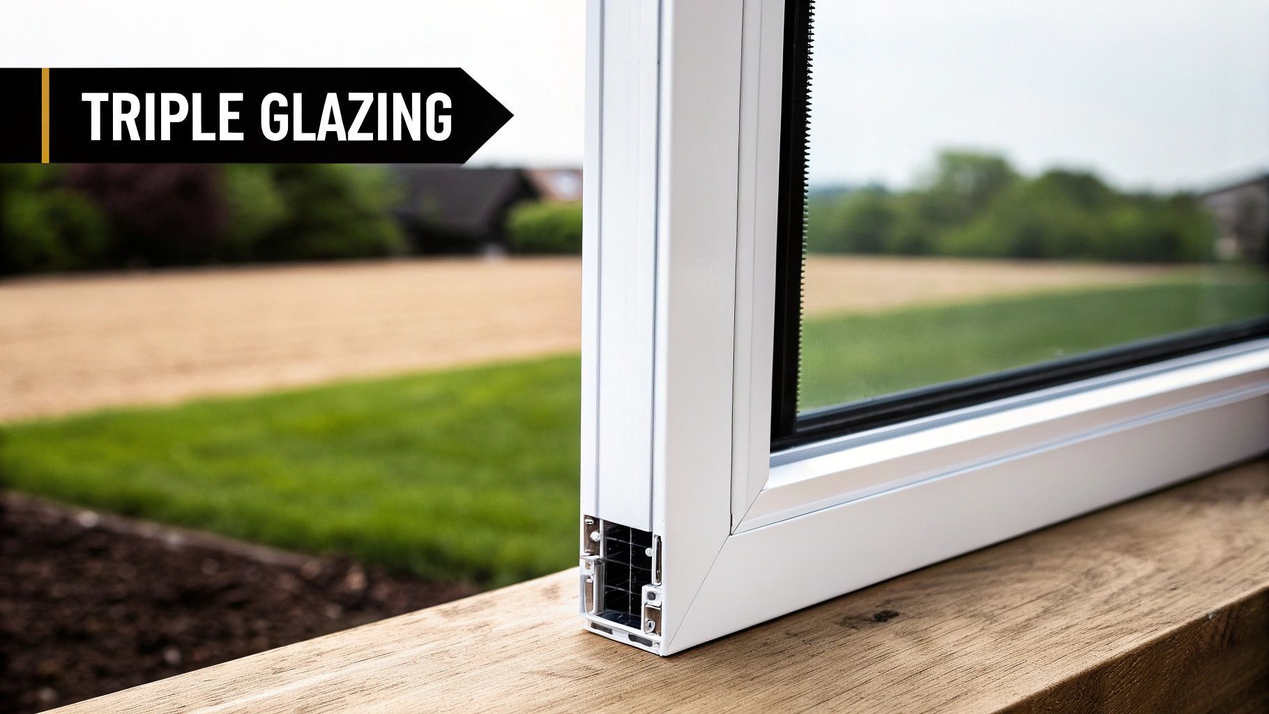 Close-up of a white triple-glazed window on a wooden surface, with a blurred green outdoor scene in the background.