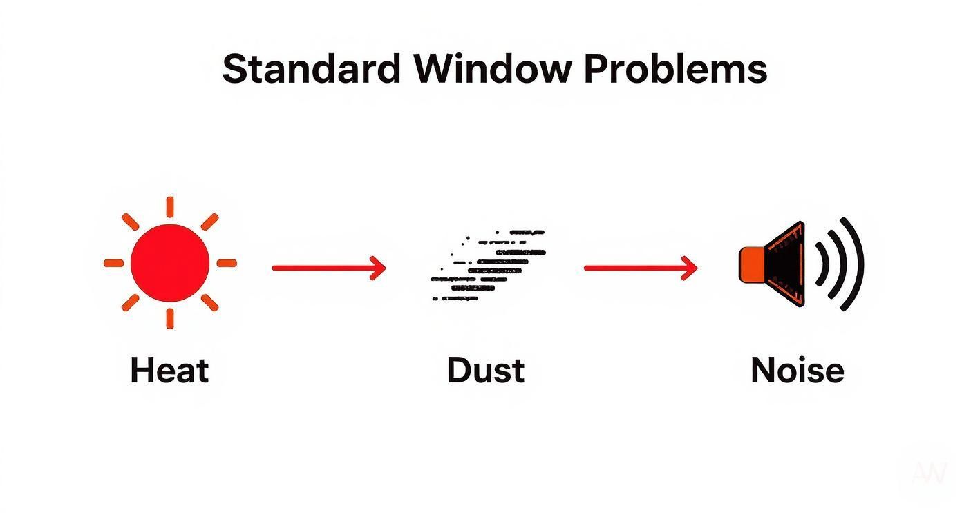 Diagram showing window problems: Heat from the sun leads to dust and noise.