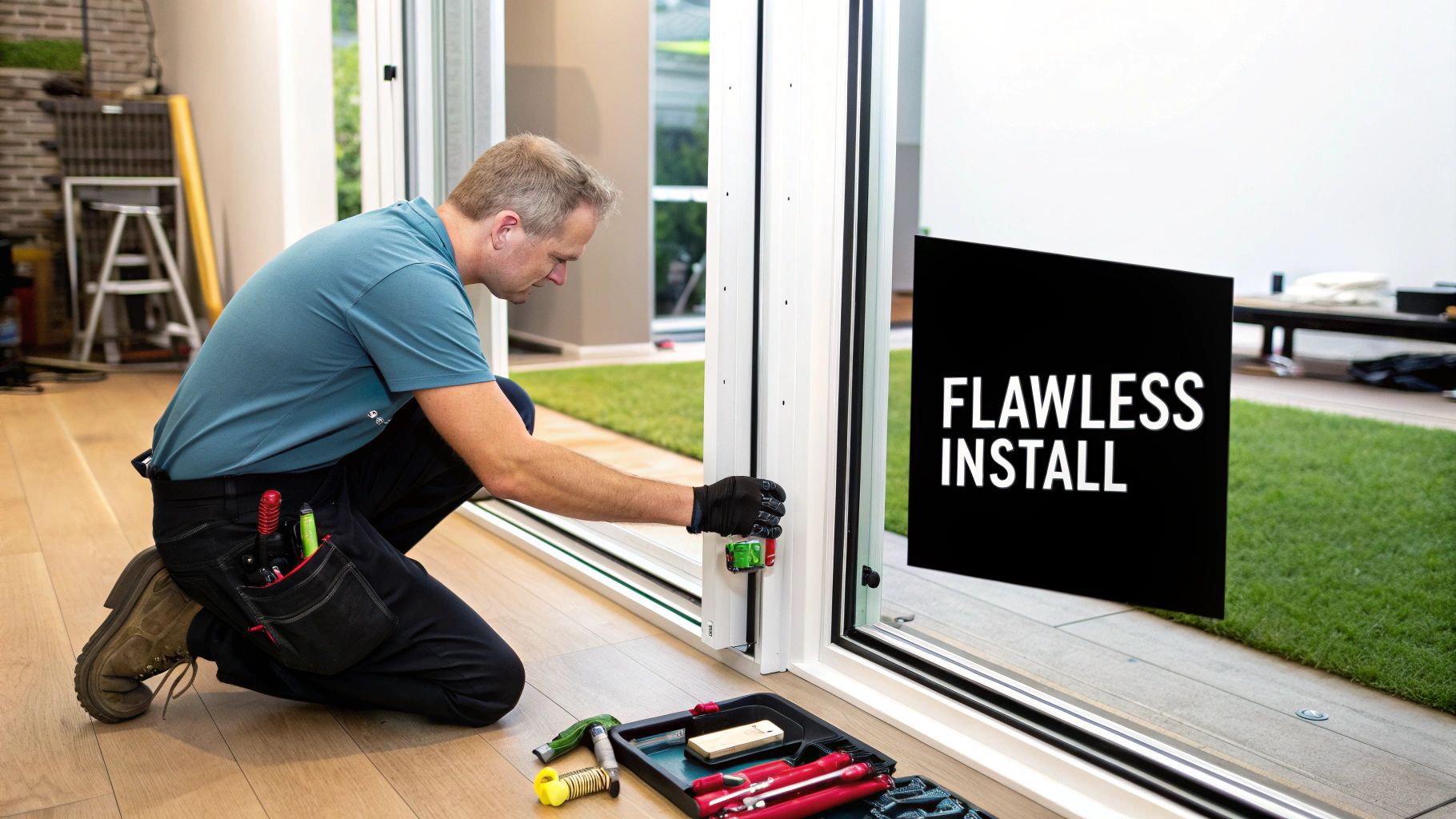 Man kneeling, installing a door. Black