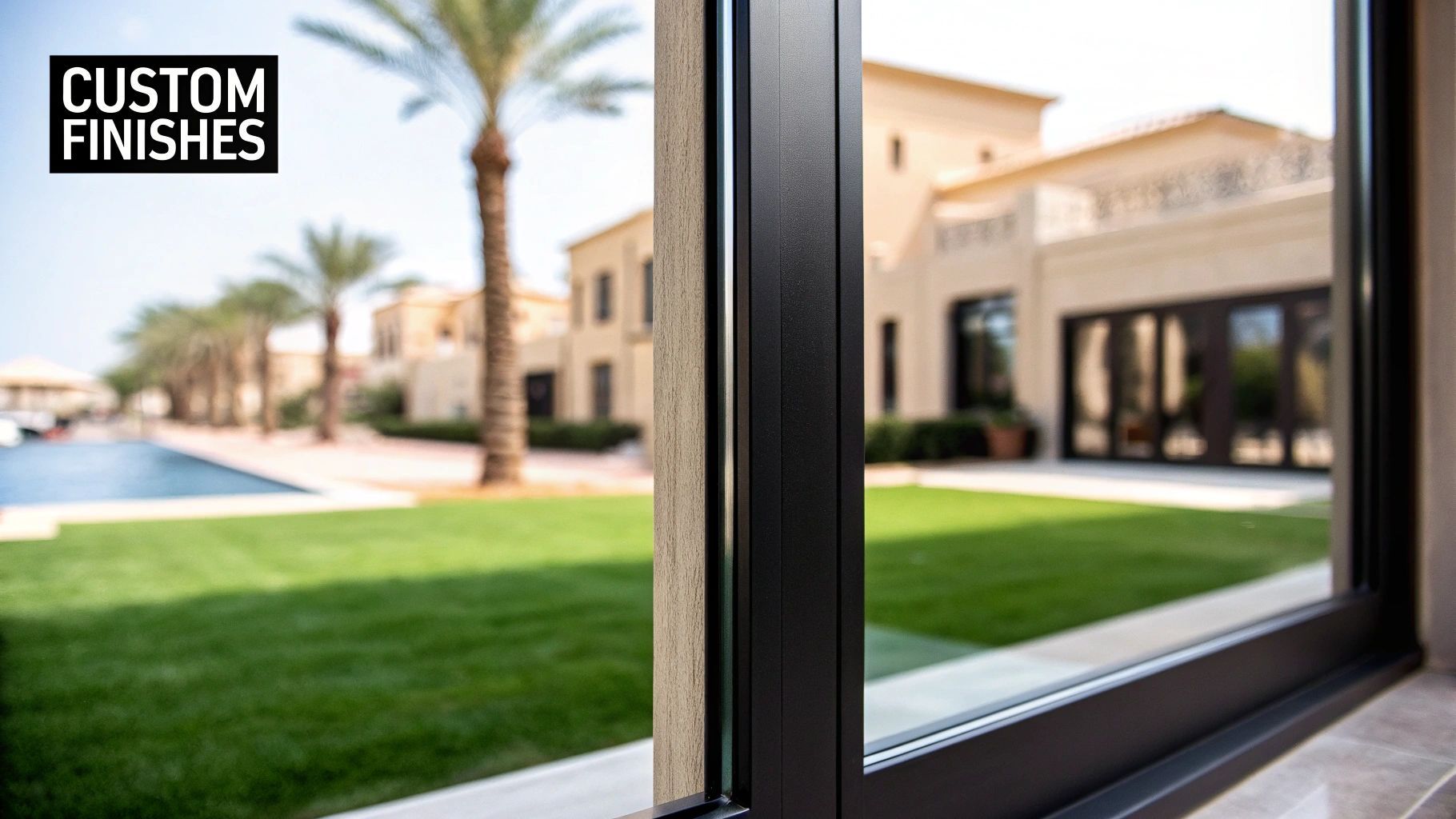 Black window frame with a view of a luxurious home with a pool and palm trees.