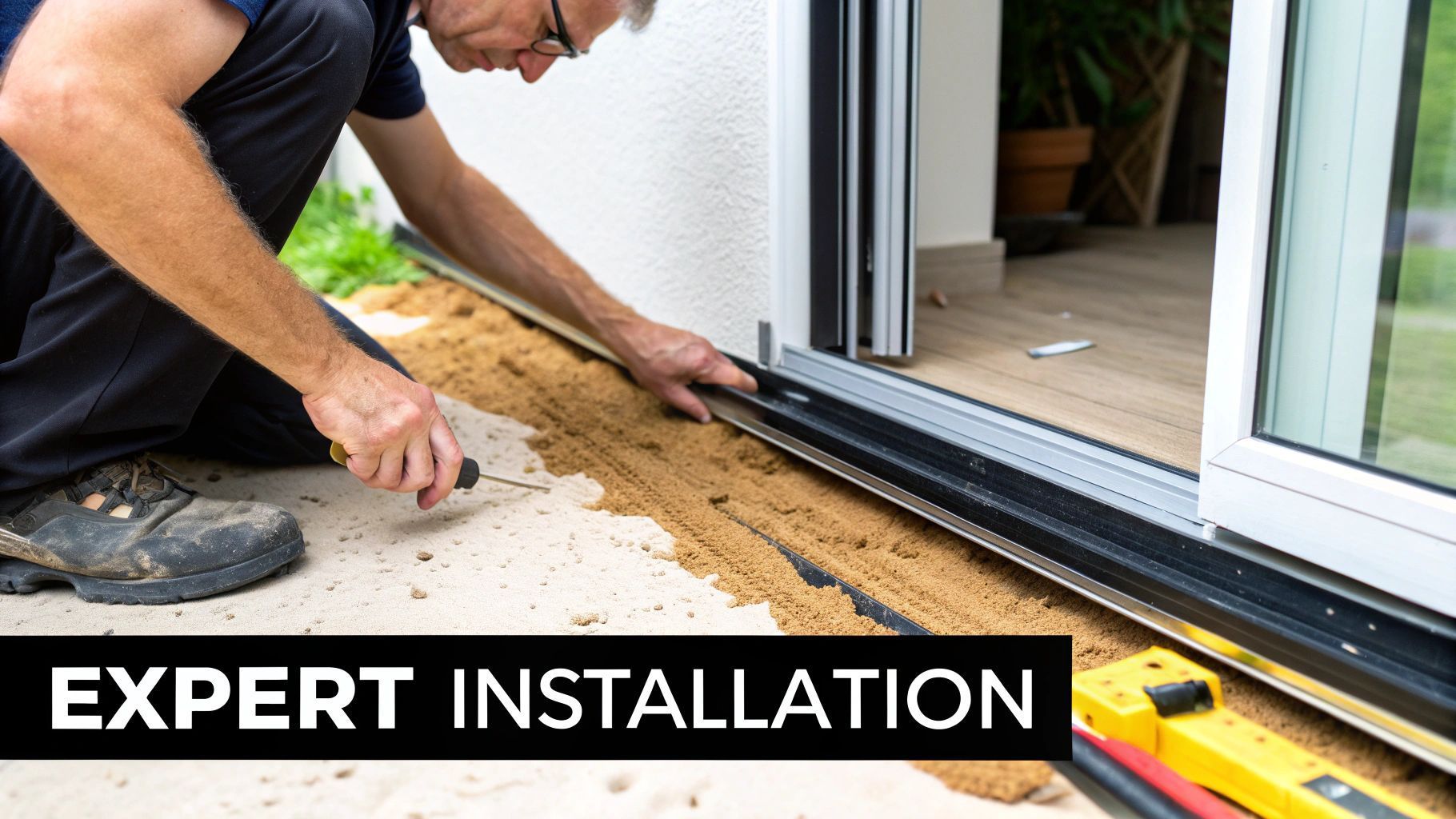 Man installing a sliding door. He's kneeling and using a tool on the threshold with sand in the foreground. 