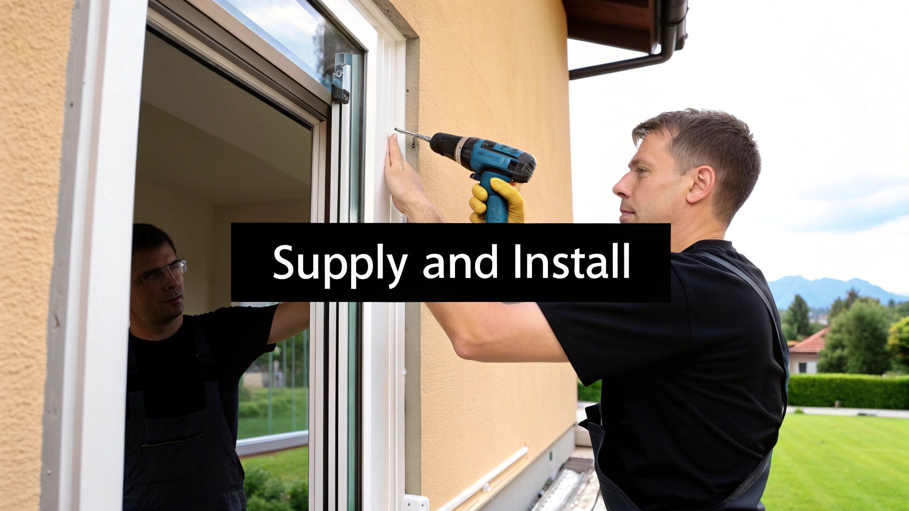 Two men installing window with a power drill. Text overlay: 