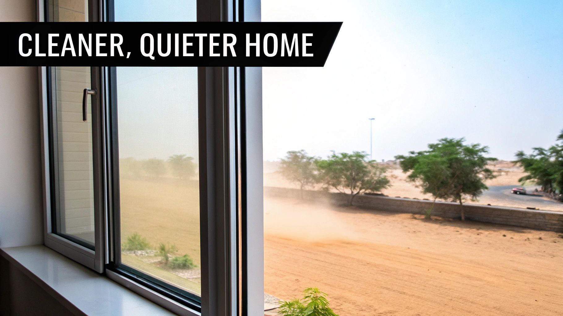 Window overlooking a dusty landscape; text states