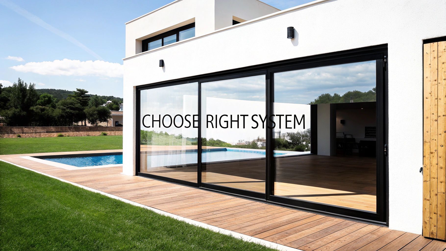 Modern white house with large glass sliding doors, outdoor pool, and wooden deck.