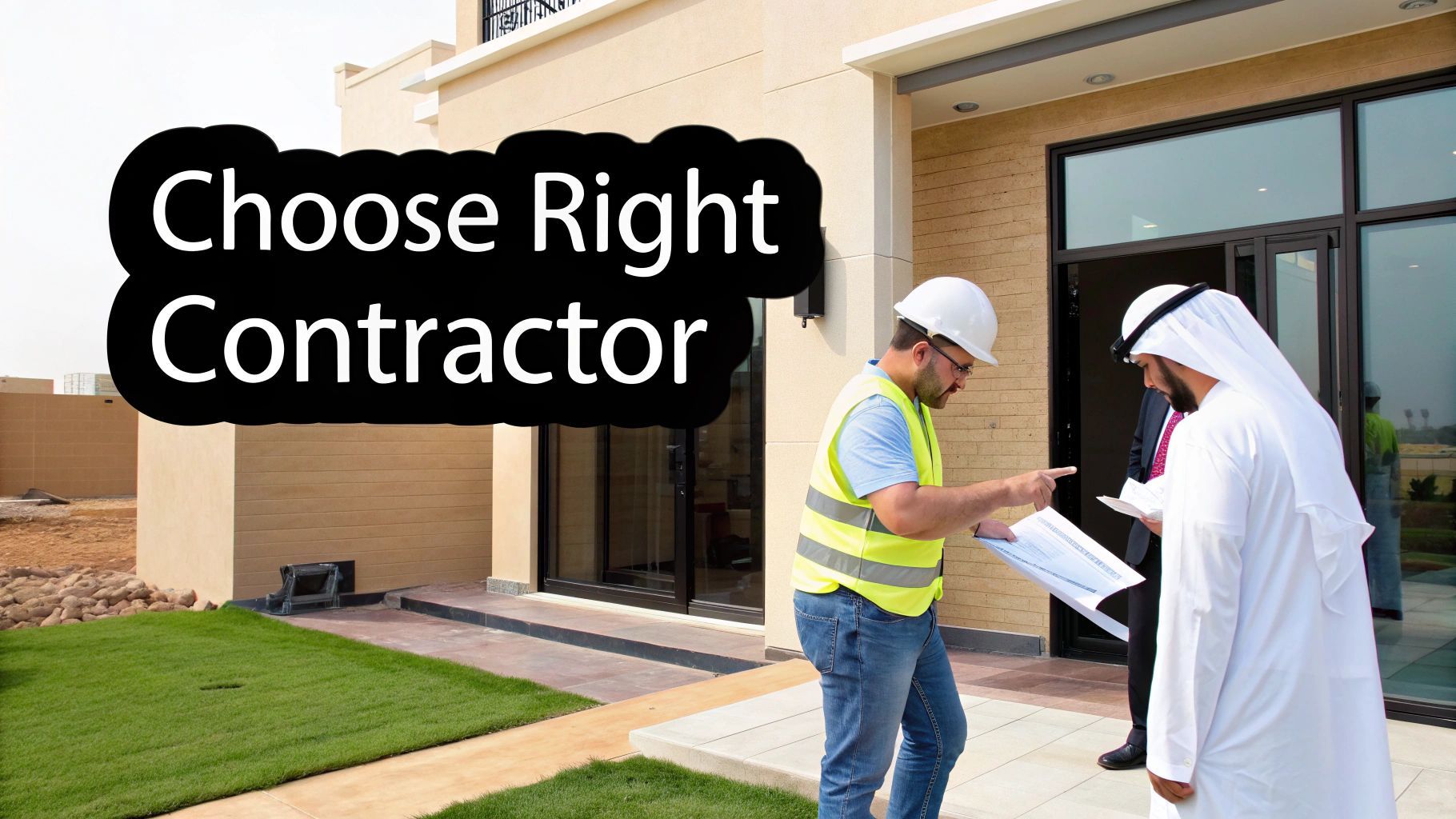 Construction workers and client reviewing blueprints at a building site. Text: Choose Right Contractor.