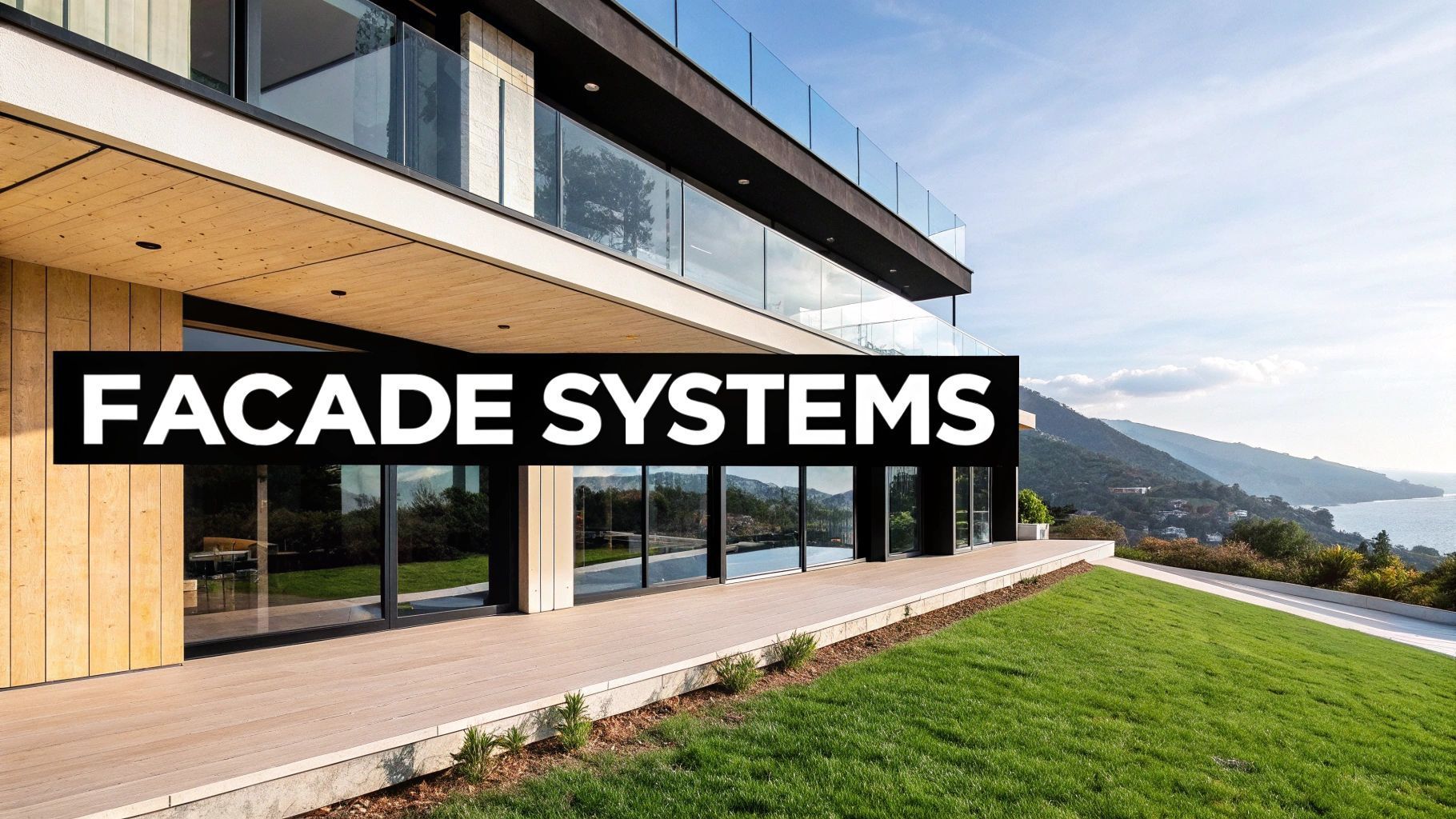 Modern house with glass facade, overlooking a hillside with a lake. Text reads 