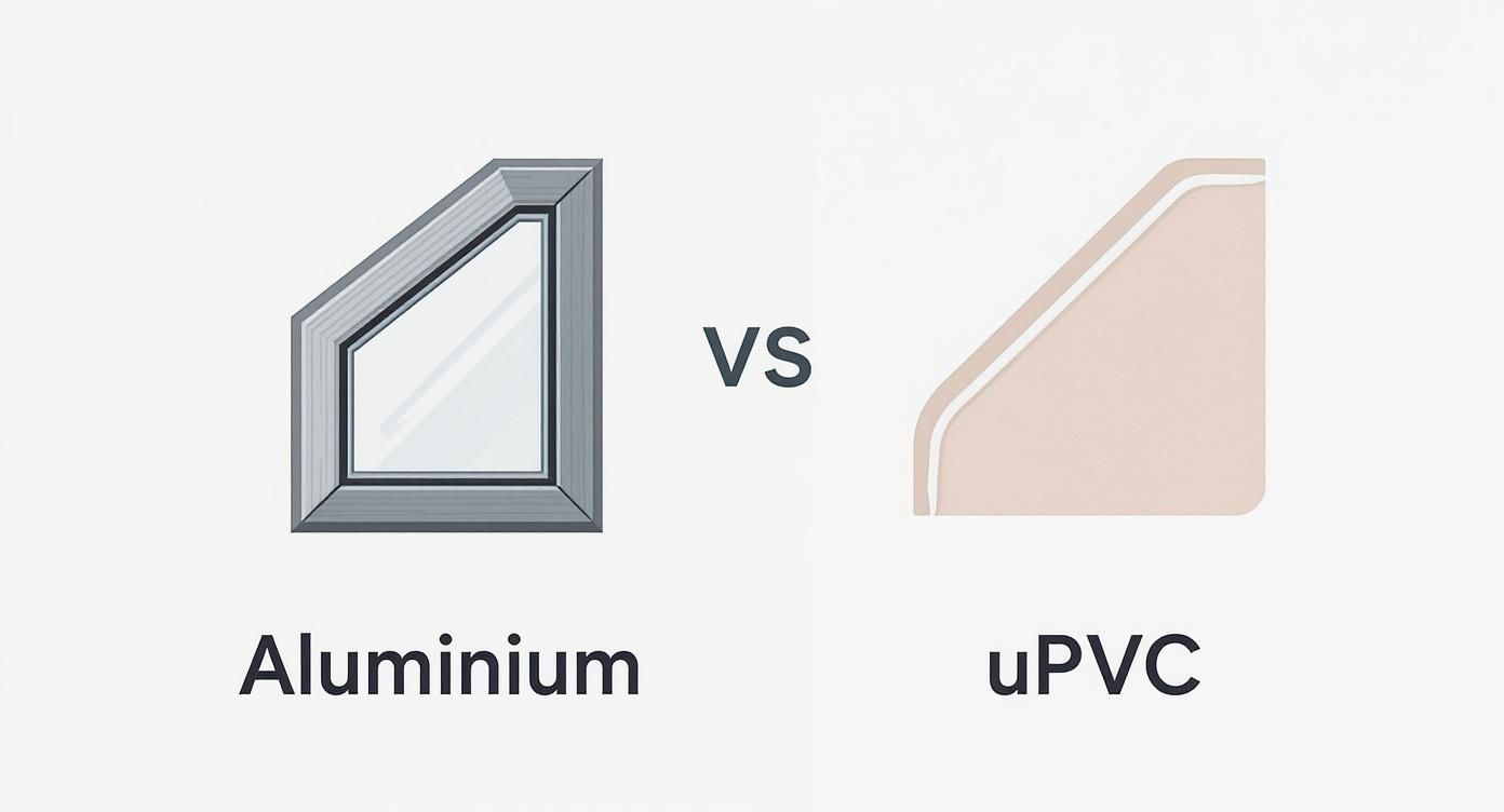 Comparison of aluminum window frame (left) vs. uPVC window frame (right). Both are angled shapes.