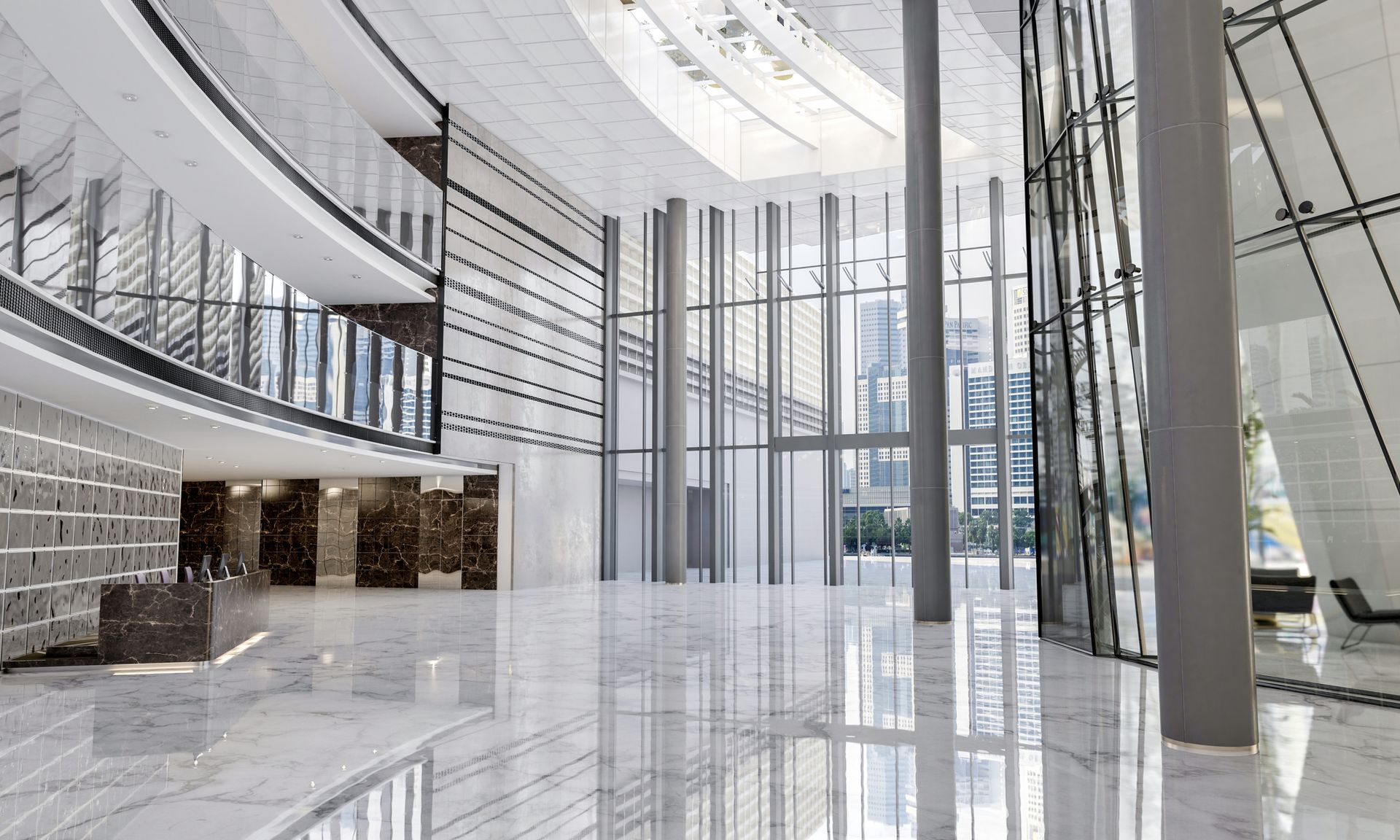Modern office lobby with polished marble floors, large windows, and architectural details.