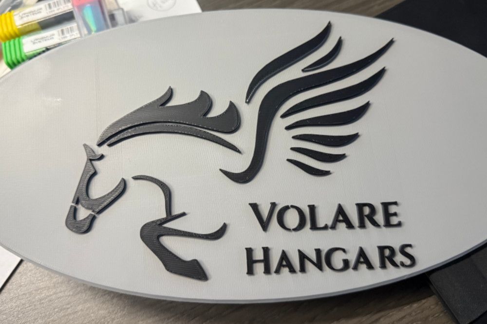 A sign that says volare hangars with a horse on it