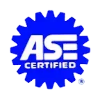 Blue gear-shaped logo with white text